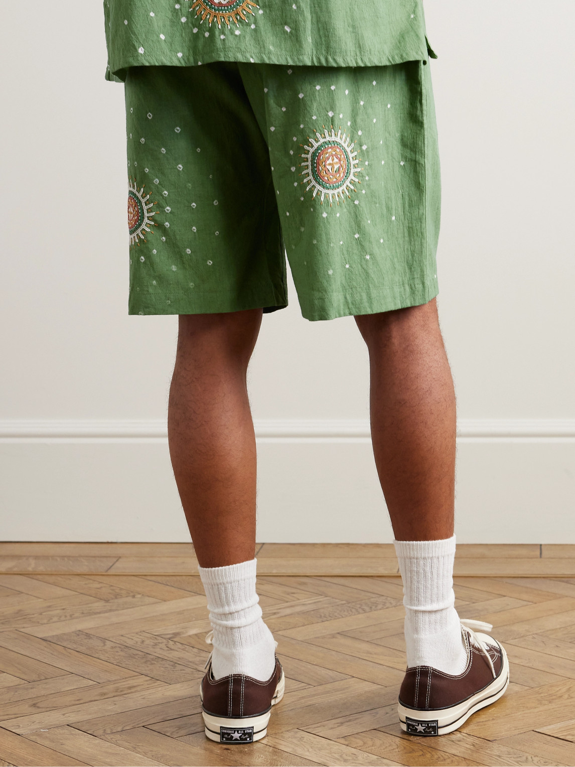 Shop Kardo Straight-leg Embroidered Cotton Drawstring Shorts In Green