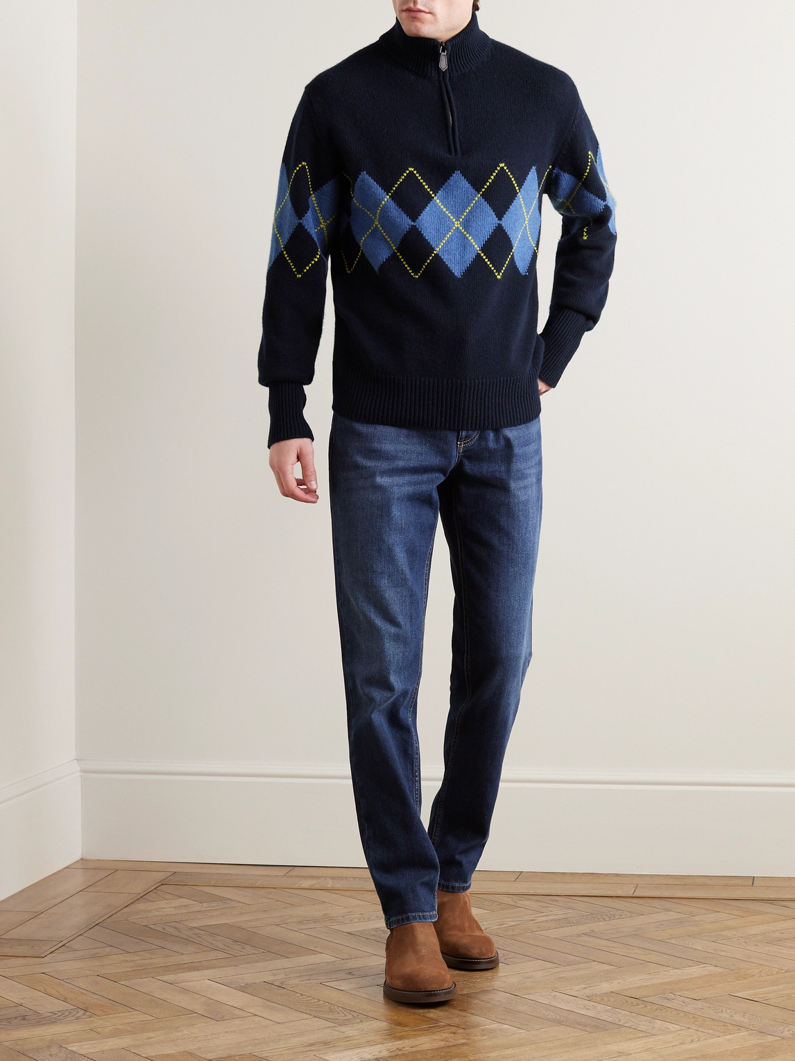 Shop Kingsman Argylle Jacquard-knit Wool Half-zip Sweater In Blue