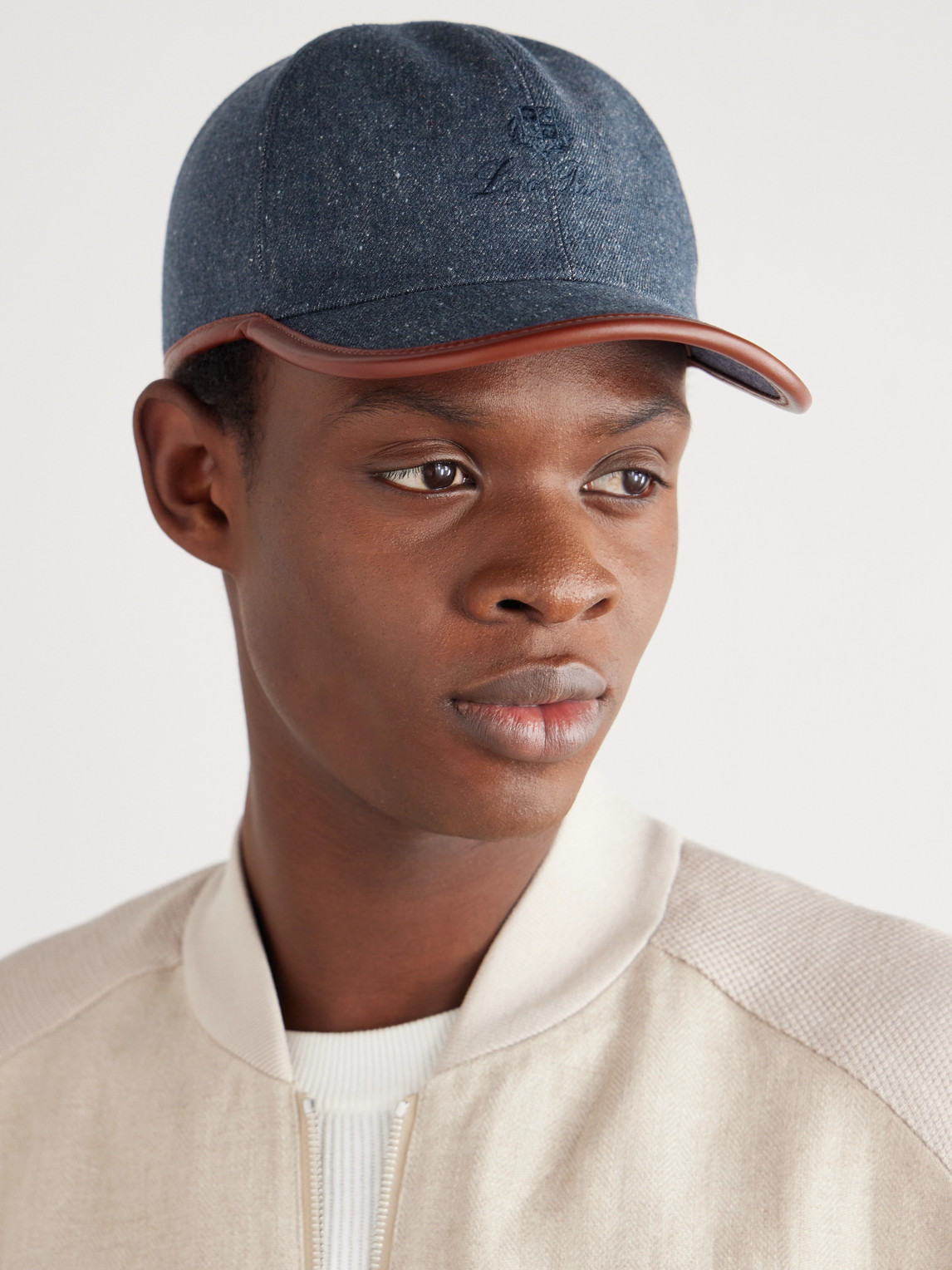 Shop Loro Piana Leather-trimmed Logo-embroidered Denim Baseball Cap In Blue