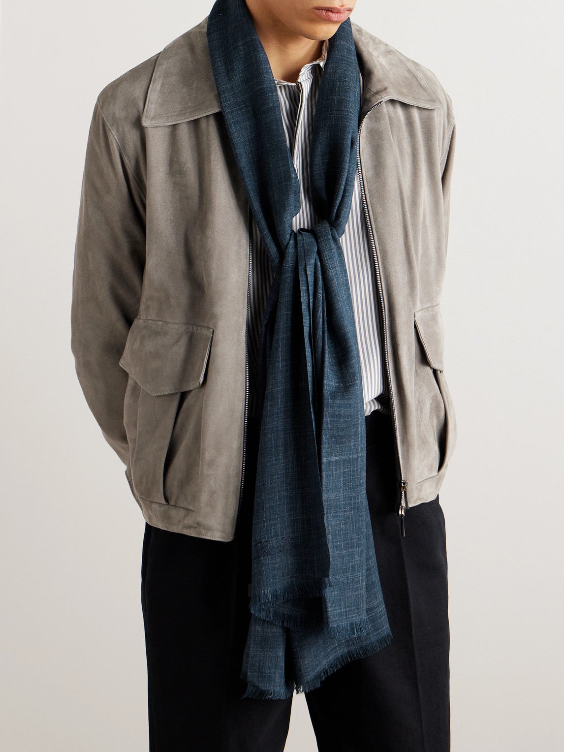 Loro Piana Mitoku Logo-embroidered Slub Silk And Linen-blend Scarf In Blue