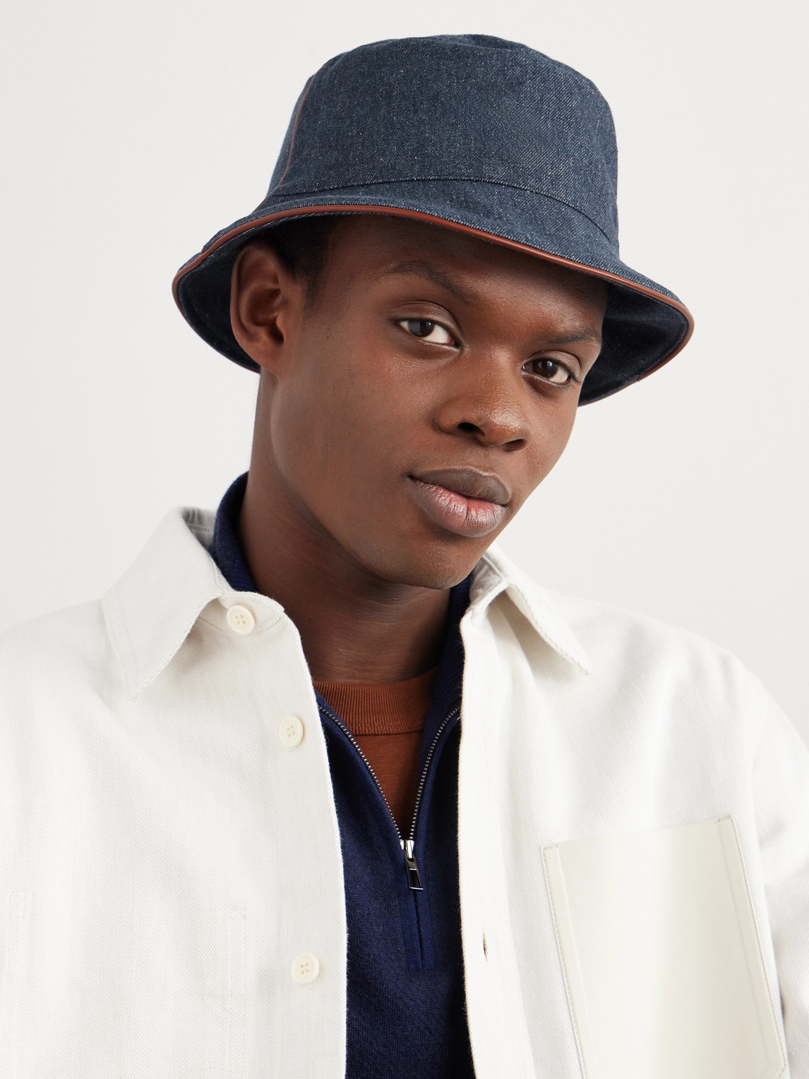 Loro Piana Leather-trimmed Logo-embroidered Denim Bucket Hat In Blue