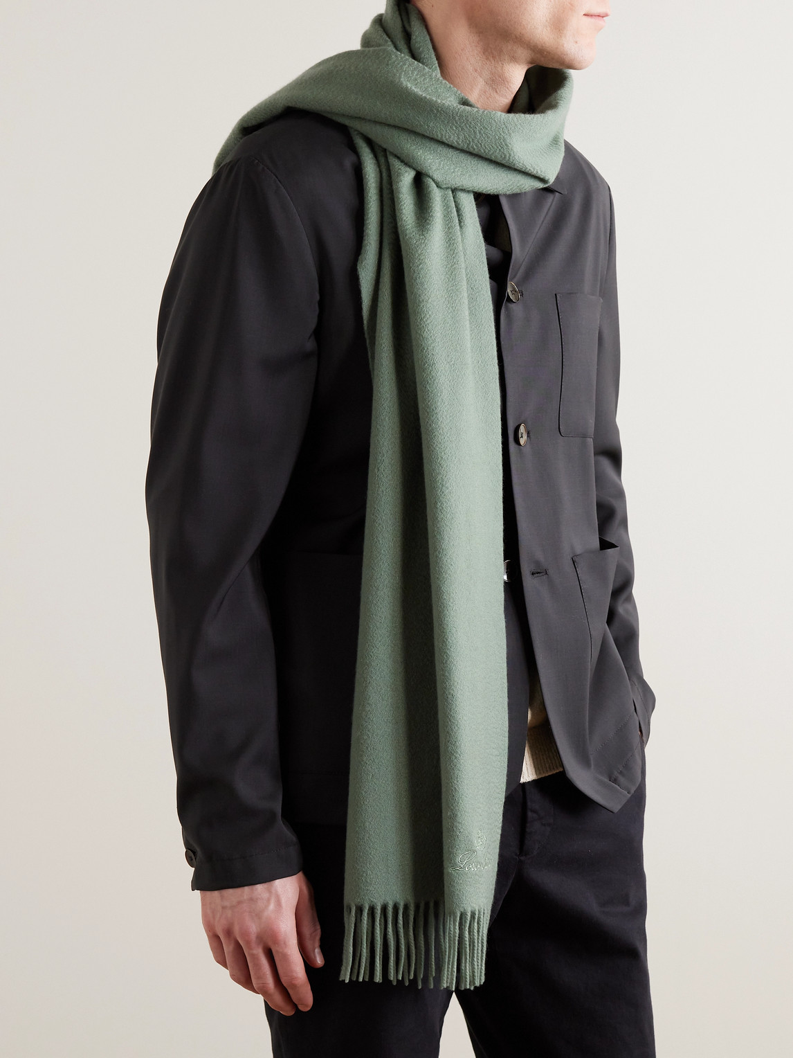 Loro Piana Fringed Cashmere Scarf In Green
