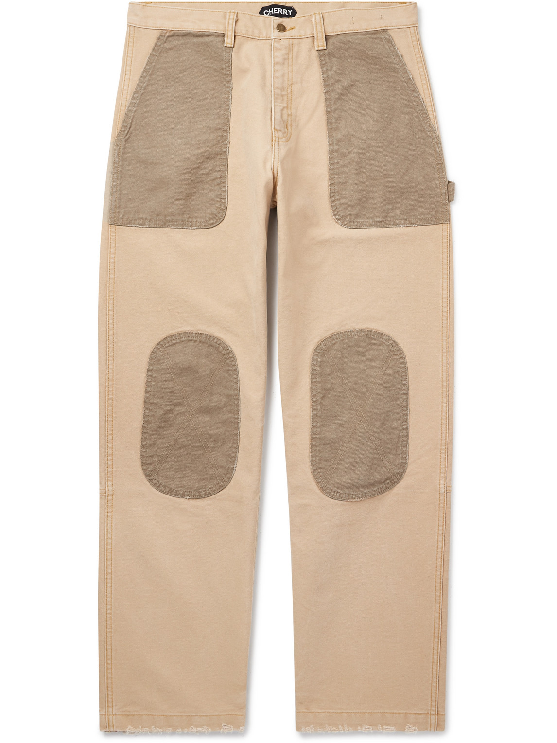 Safari Straight-Leg Distressed Two-Tone Cotton-Canvas Trousers