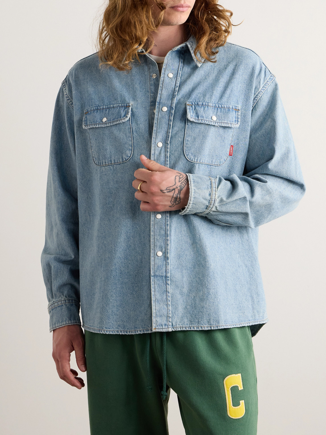 Shop Cherry Los Angeles Embroidered Denim Overshirt In Blue