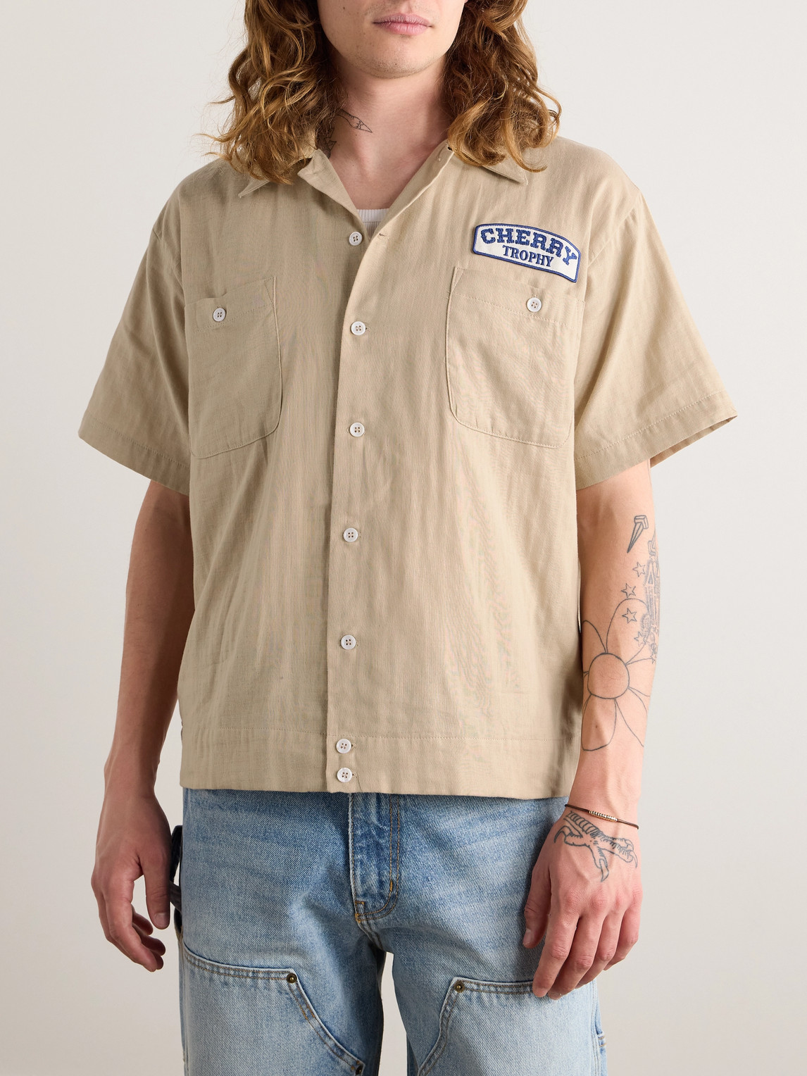 Shop Cherry Los Angeles Mechanic Camp-collar Logo-appliquéd Cotton-blend Shirt In Neutrals