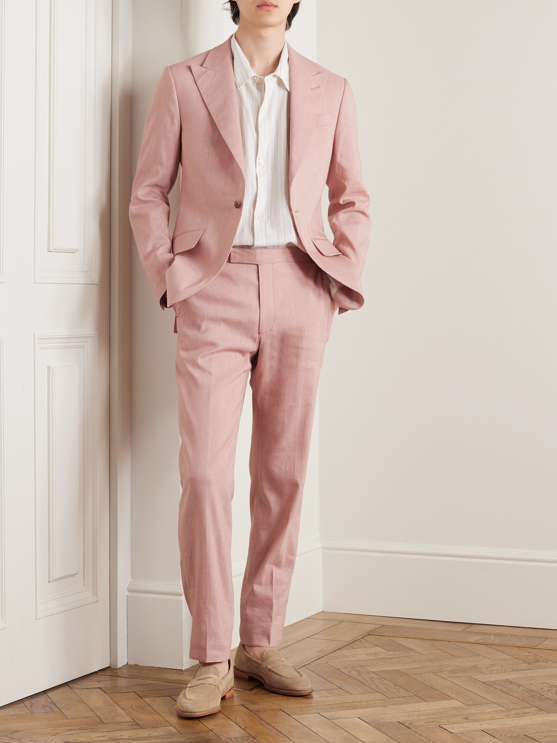 Shop Richard James Straight-leg Linen-blend Suit Trousers In Pink