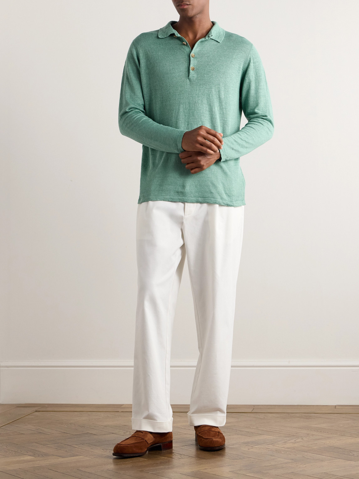 Shop Richard James Linen Polo Shirt In Green