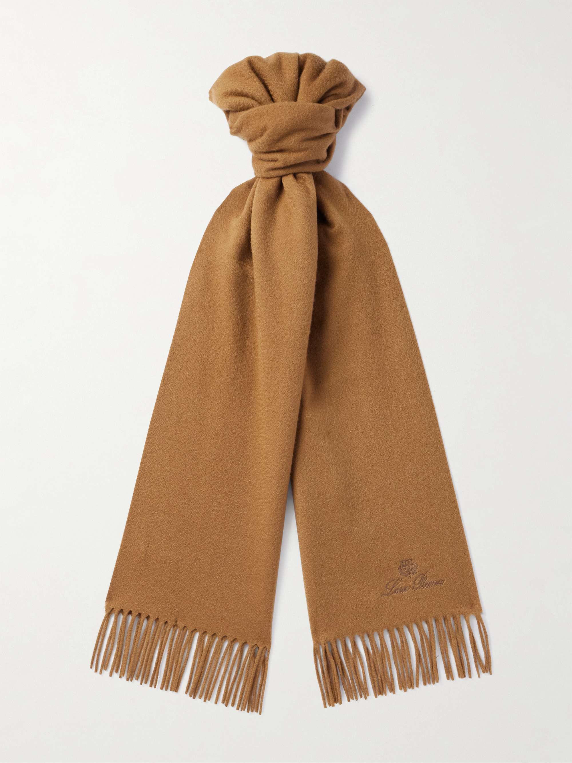 Logo-Embroidered Fringed Brushed Cashmere Scarf