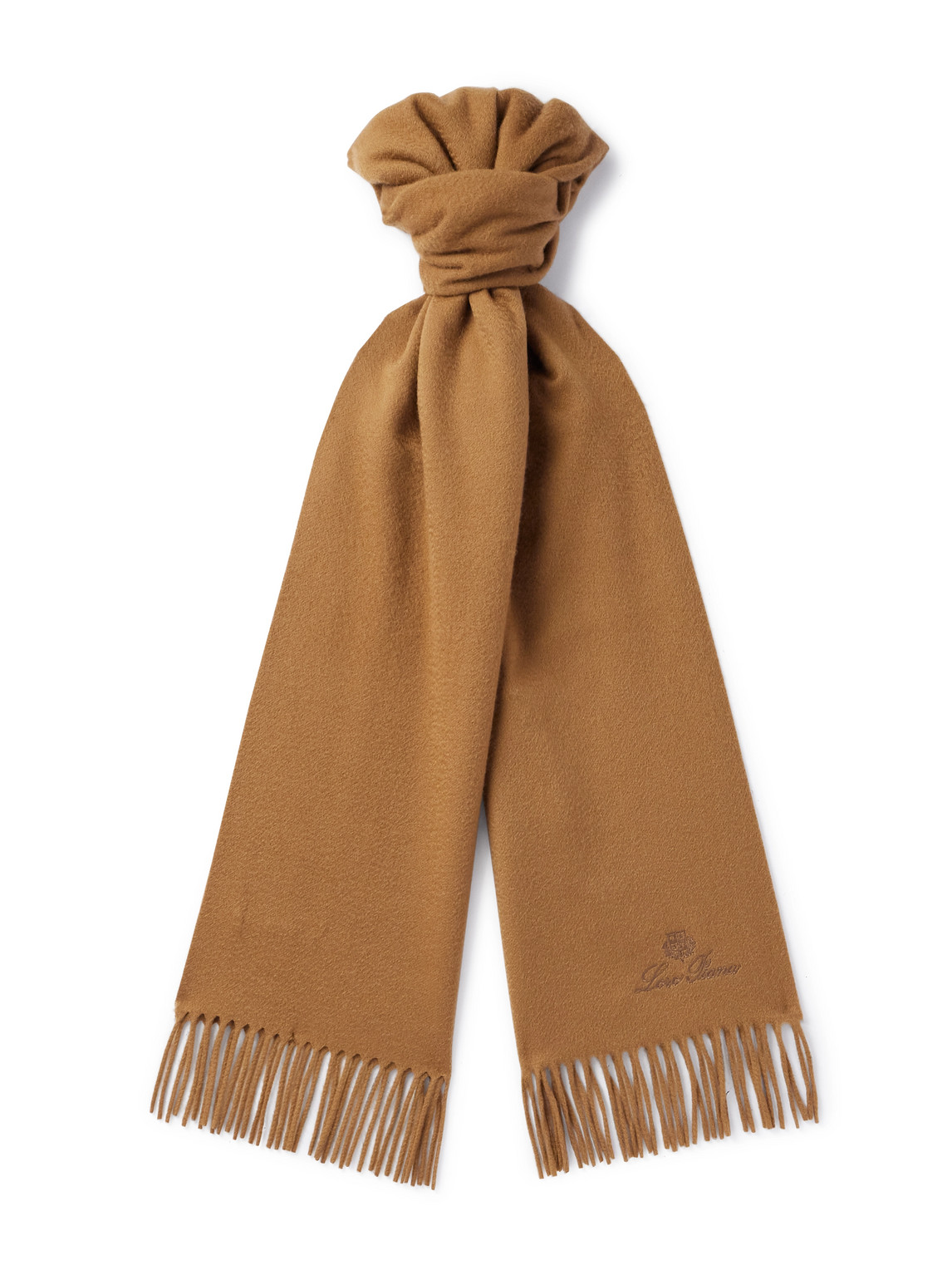 Loro Piana Logo-embroidered Fringed Brushed Cashmere Scarf In Brown