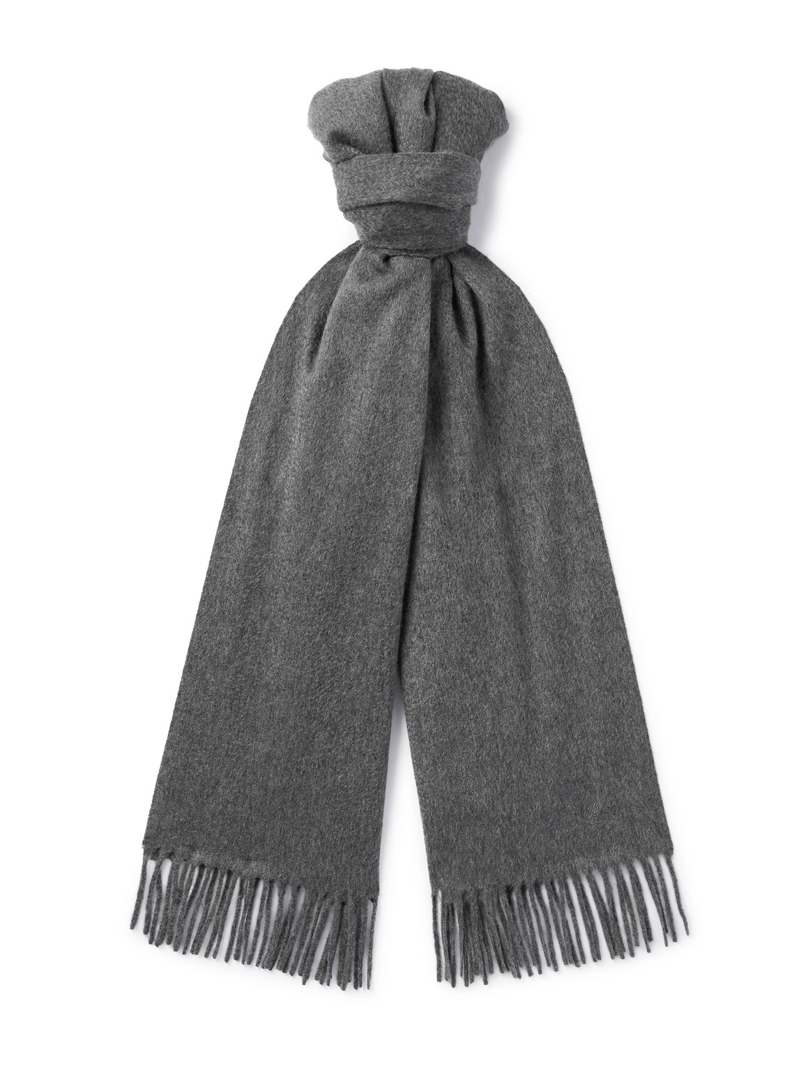 Loro Piana Logo-embroidered Fringed Brushed Cashmere Scarf In Gray