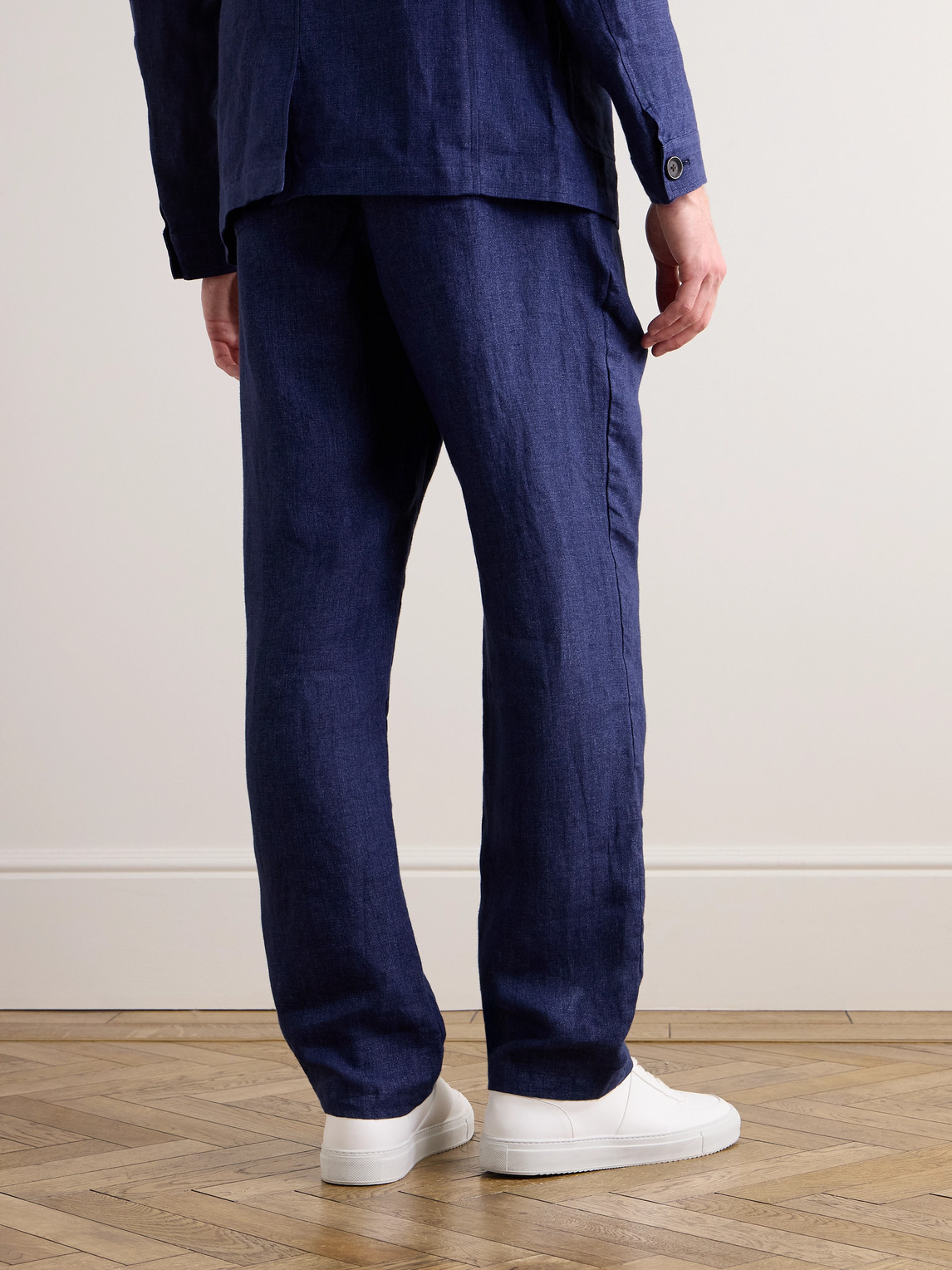 Shop Oliver Spencer Tapered Belted Linen Trousers In Blue