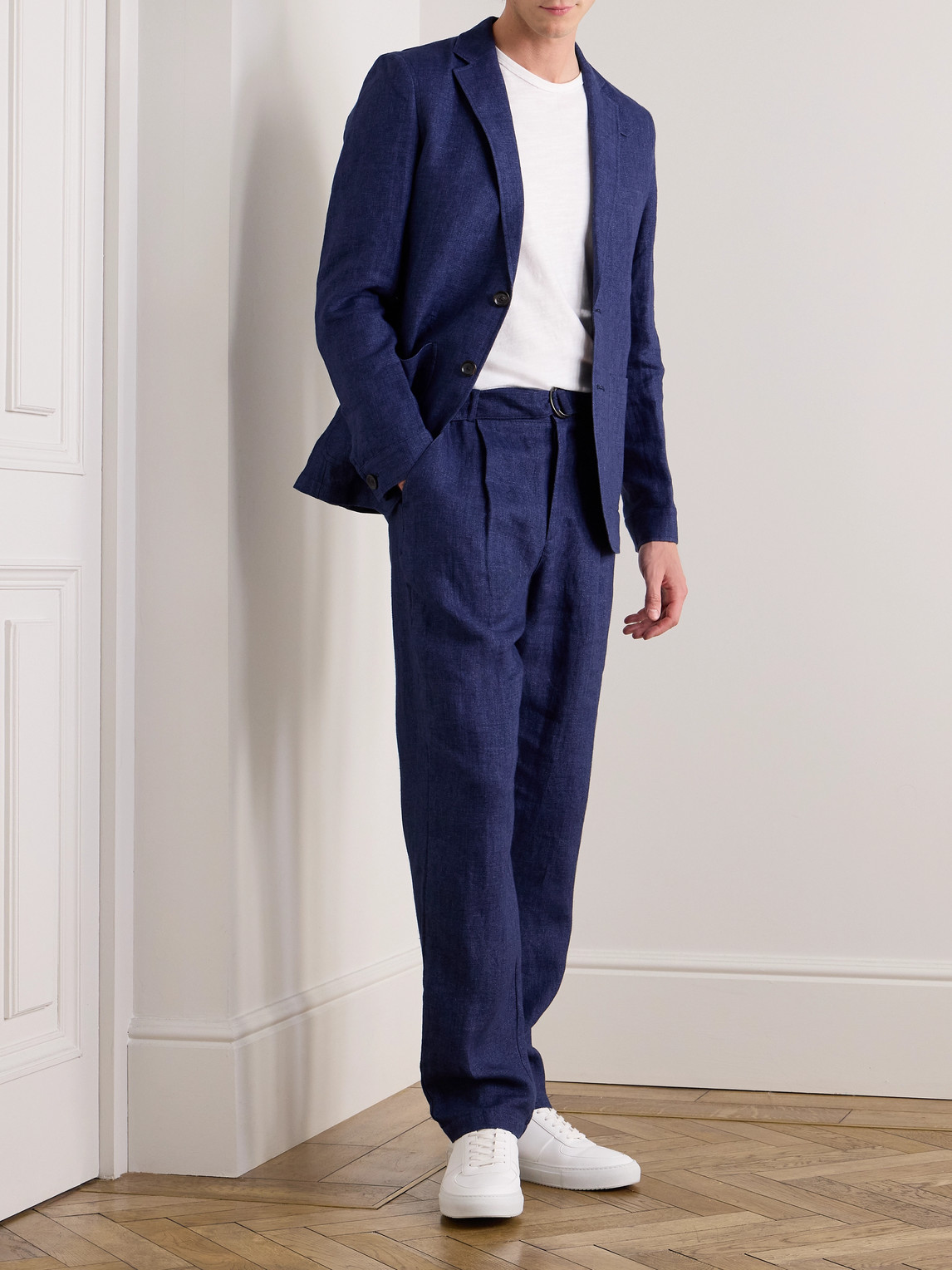 Shop Oliver Spencer Tapered Belted Linen Trousers In Blue