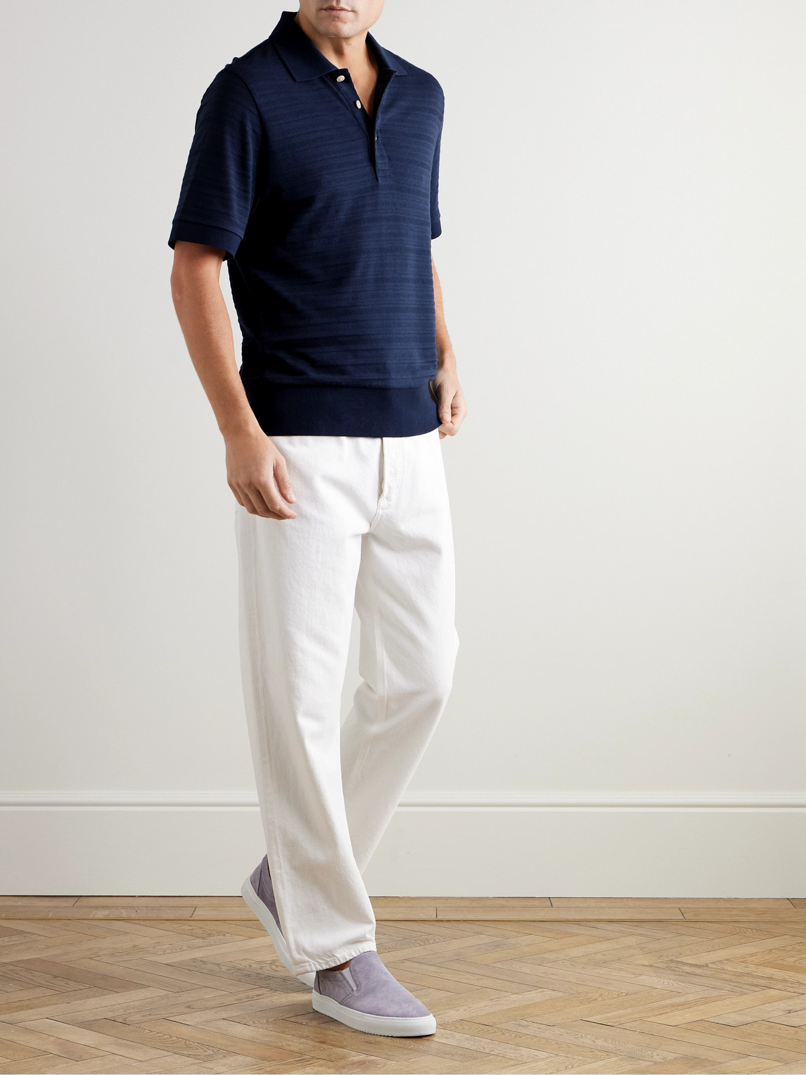 Shop Oliver Spencer Glendale Ribbed-knit Polo Shirt In Blue