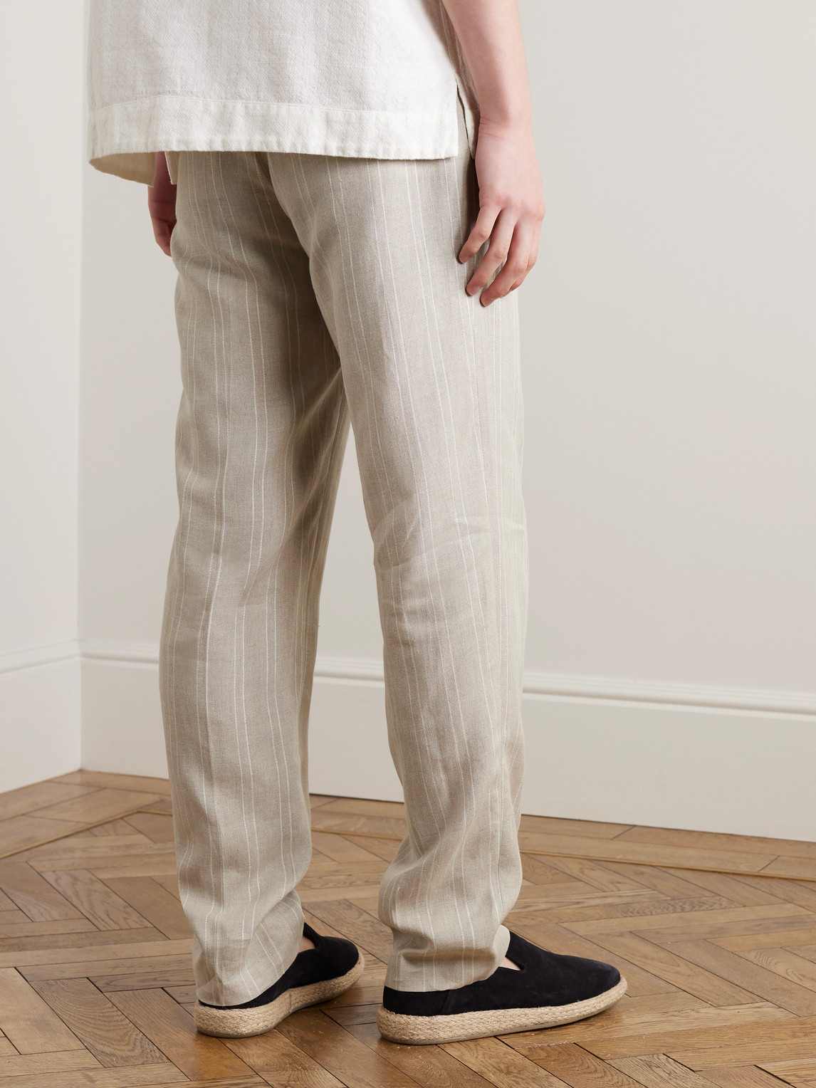 Shop Oliver Spencer Claremont Tapered Pleated Striped Linen Trousers In Neutrals