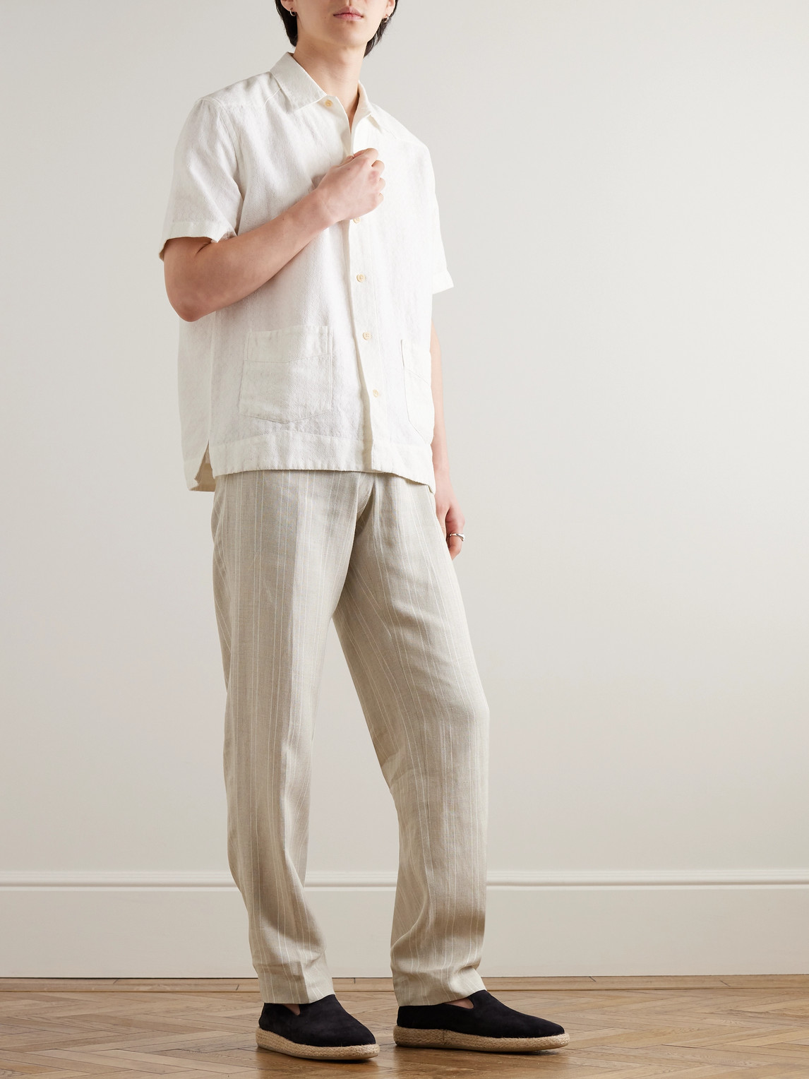 Shop Oliver Spencer Claremont Tapered Pleated Striped Linen Trousers In Neutrals