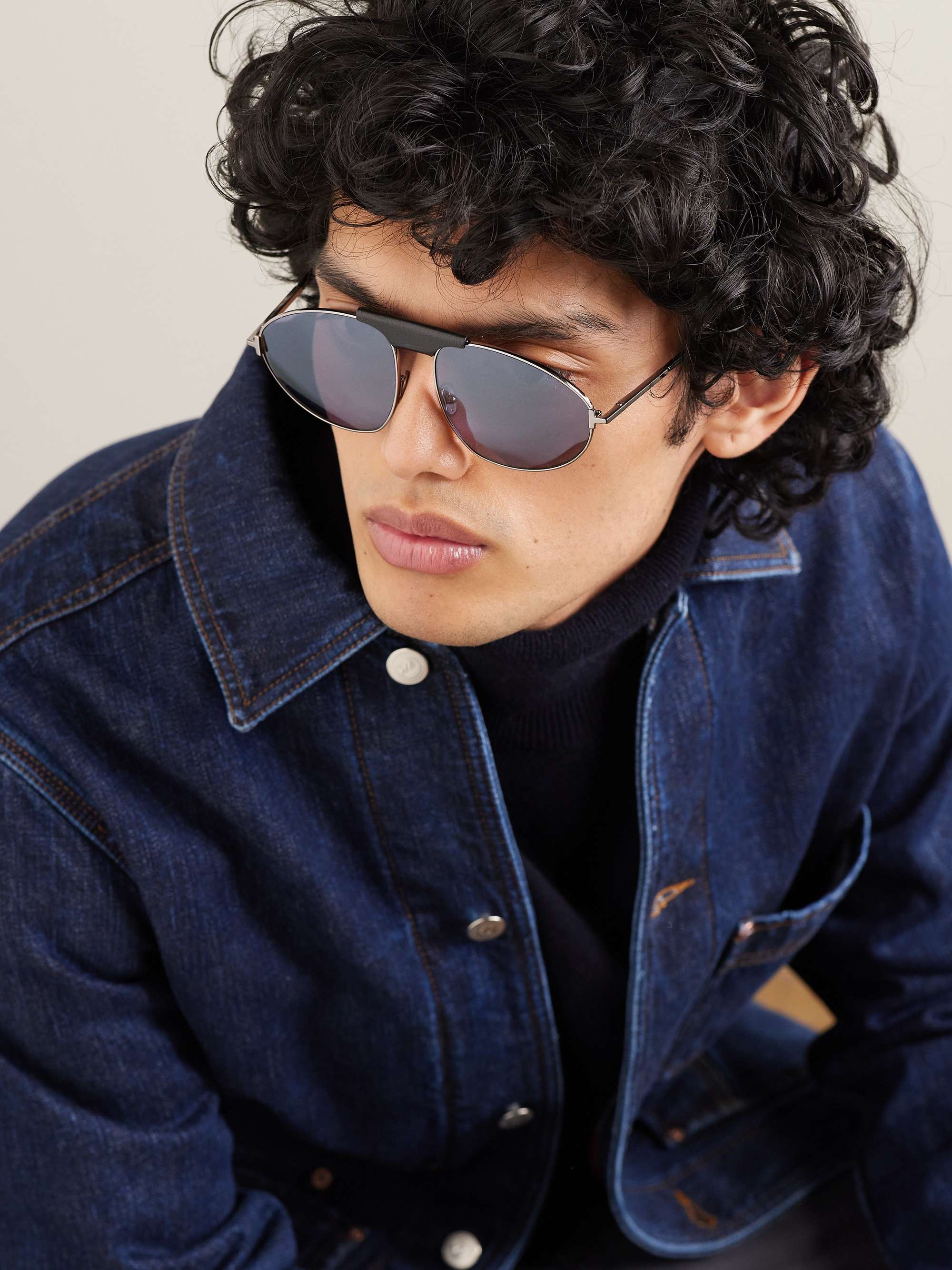 Ken Aviator Style Leather Trimmed Silver Tone Sunglasses