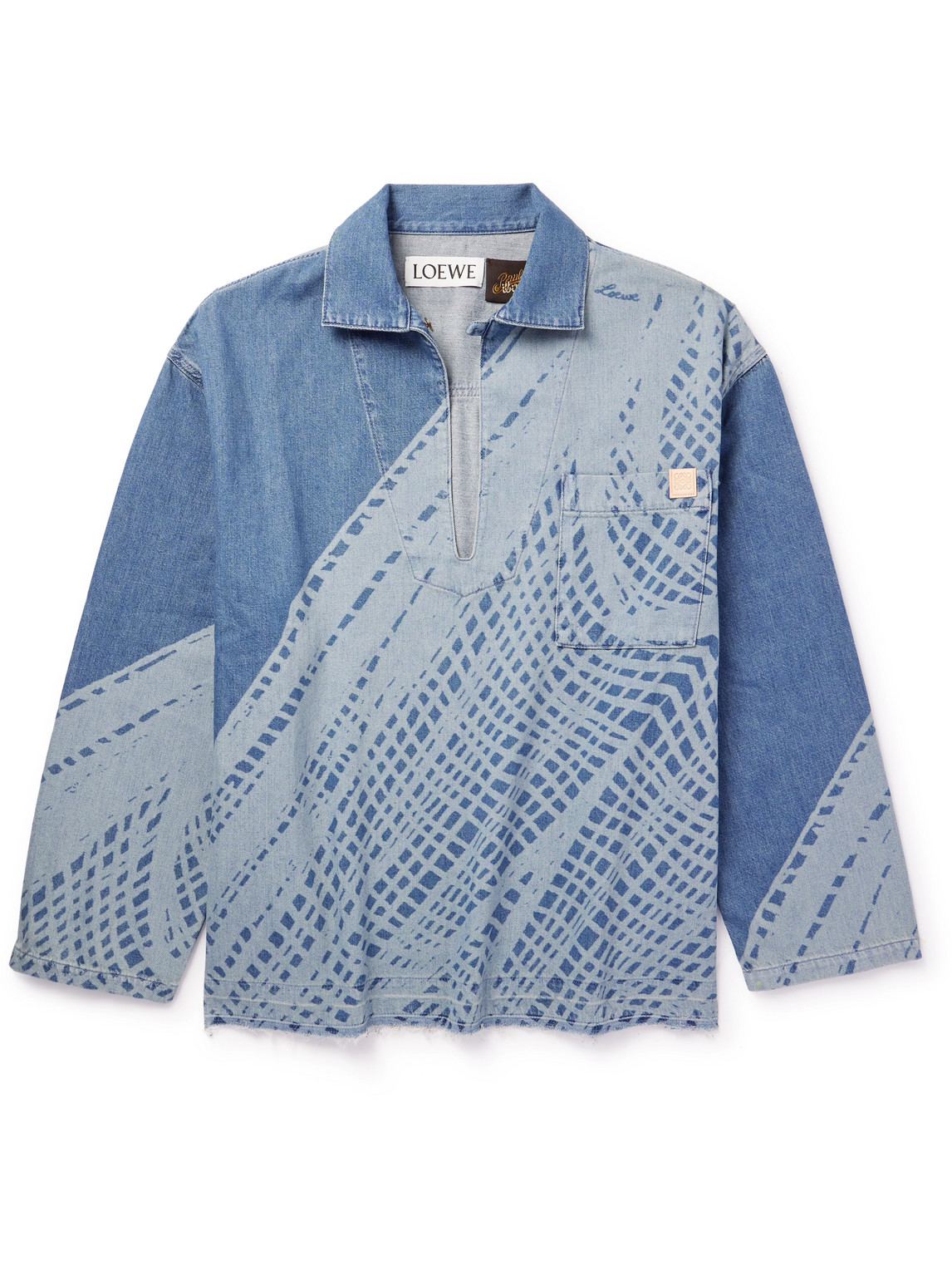 Loewe Paula's Ibiza Logo-appliquéd Frayed Printed Denim Shirt In Blue