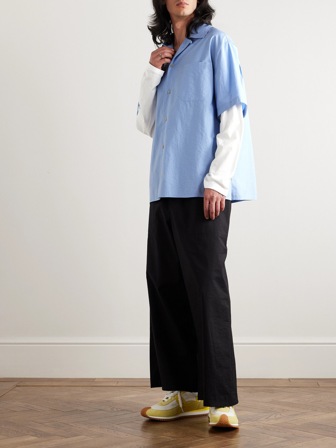 Shop Loewe Paula's Ibiza Convertible-collar Layered Cotton-blend And Cotton-jersey Shirt In Blue