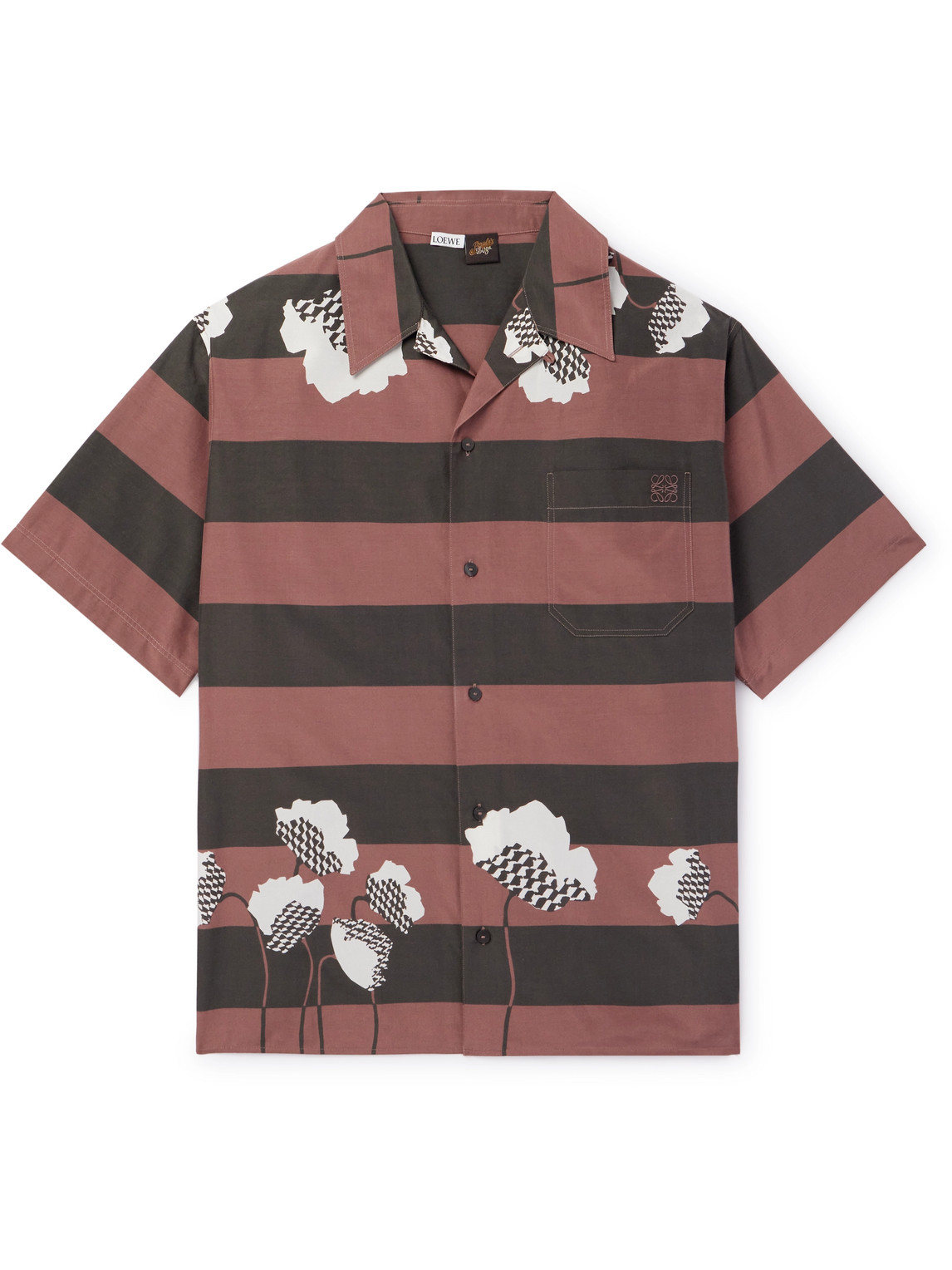 Loewe Paula's Ibiza Convertible-collar Striped Printed Cotton And Silk-blend Poplin Shirt In Brown
