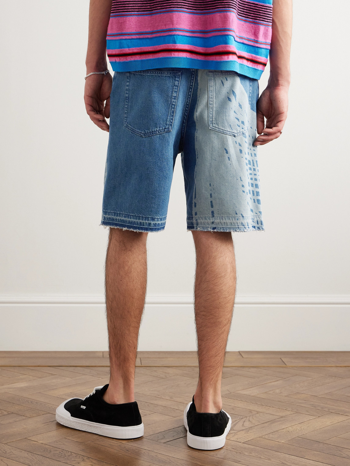Shop Loewe Paula's Ibiza Straight-leg Frayed Printed Denim Shorts In Blue