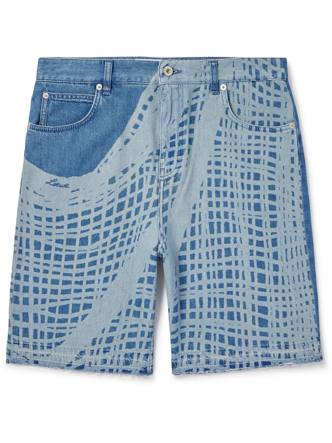 Loewe Paula's Ibiza Straight-leg Frayed Printed Denim Shorts In Blue