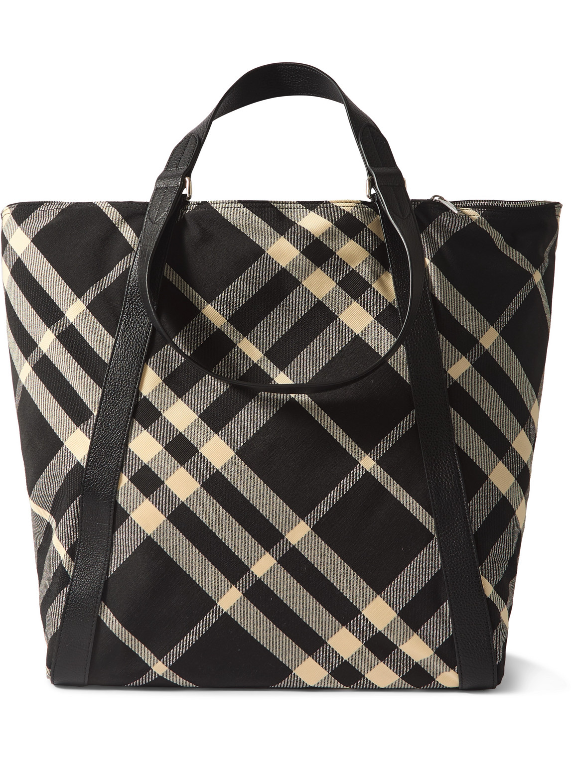Large Leather-Trimmed Checked Jacquard Tote Bag