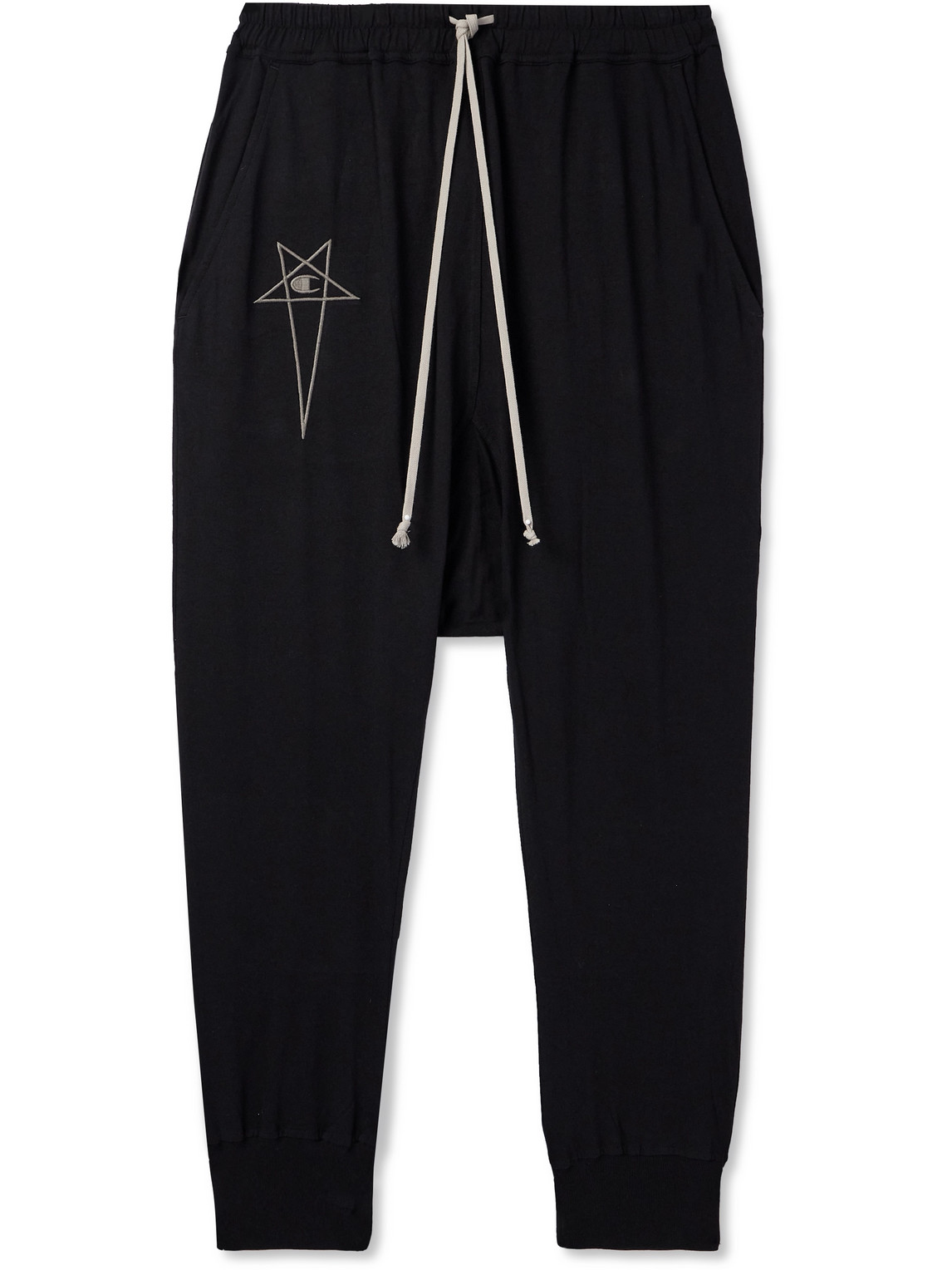 Shop Rick Owens Champion Prisoner Tapered Logo-embroidered Cotton-jersey Sweatpants In Black