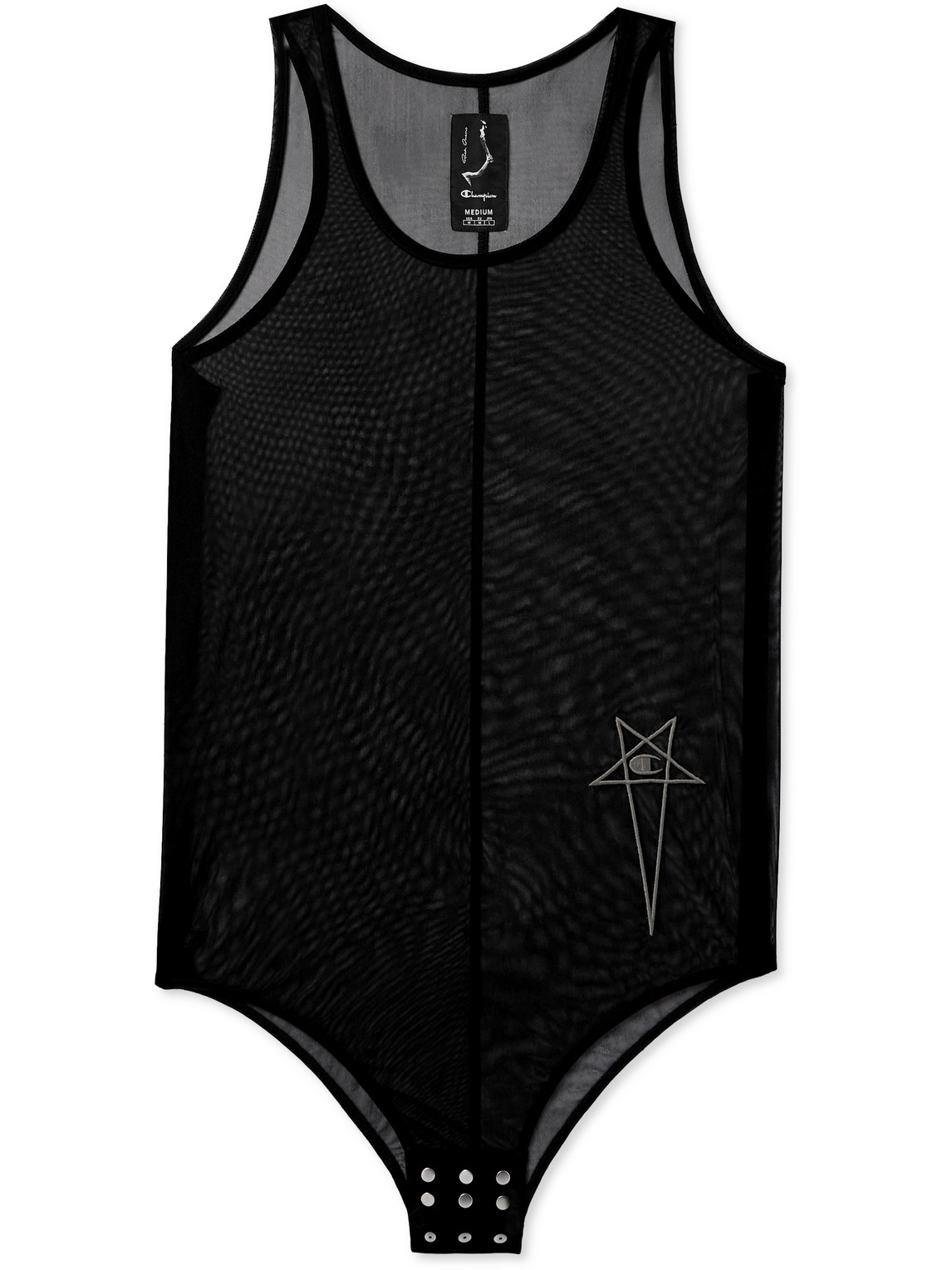 Rick Owens Champion Basketball Logo-embroidered Recycled-mesh Bodysuit In Black