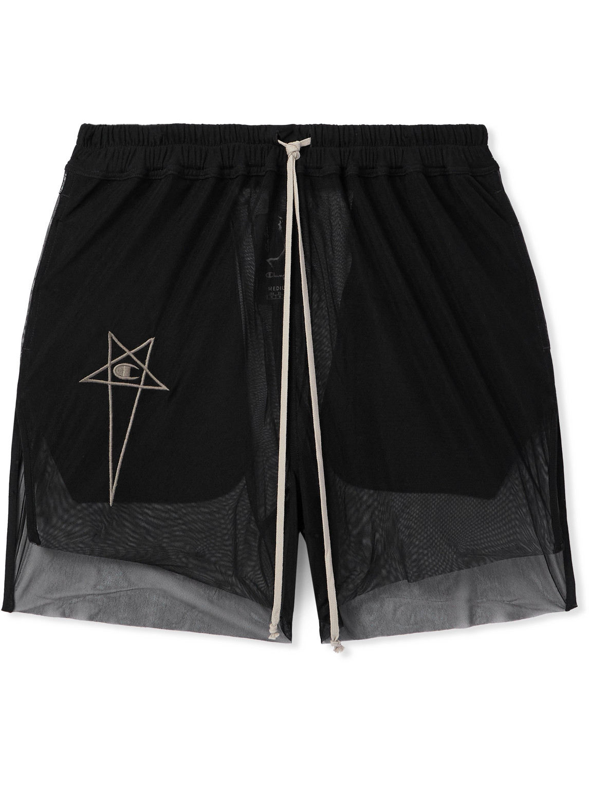 Rick Owens Champion Dolphin Straight-leg Embroidered Stretch Recycled-mesh Shorts In Black