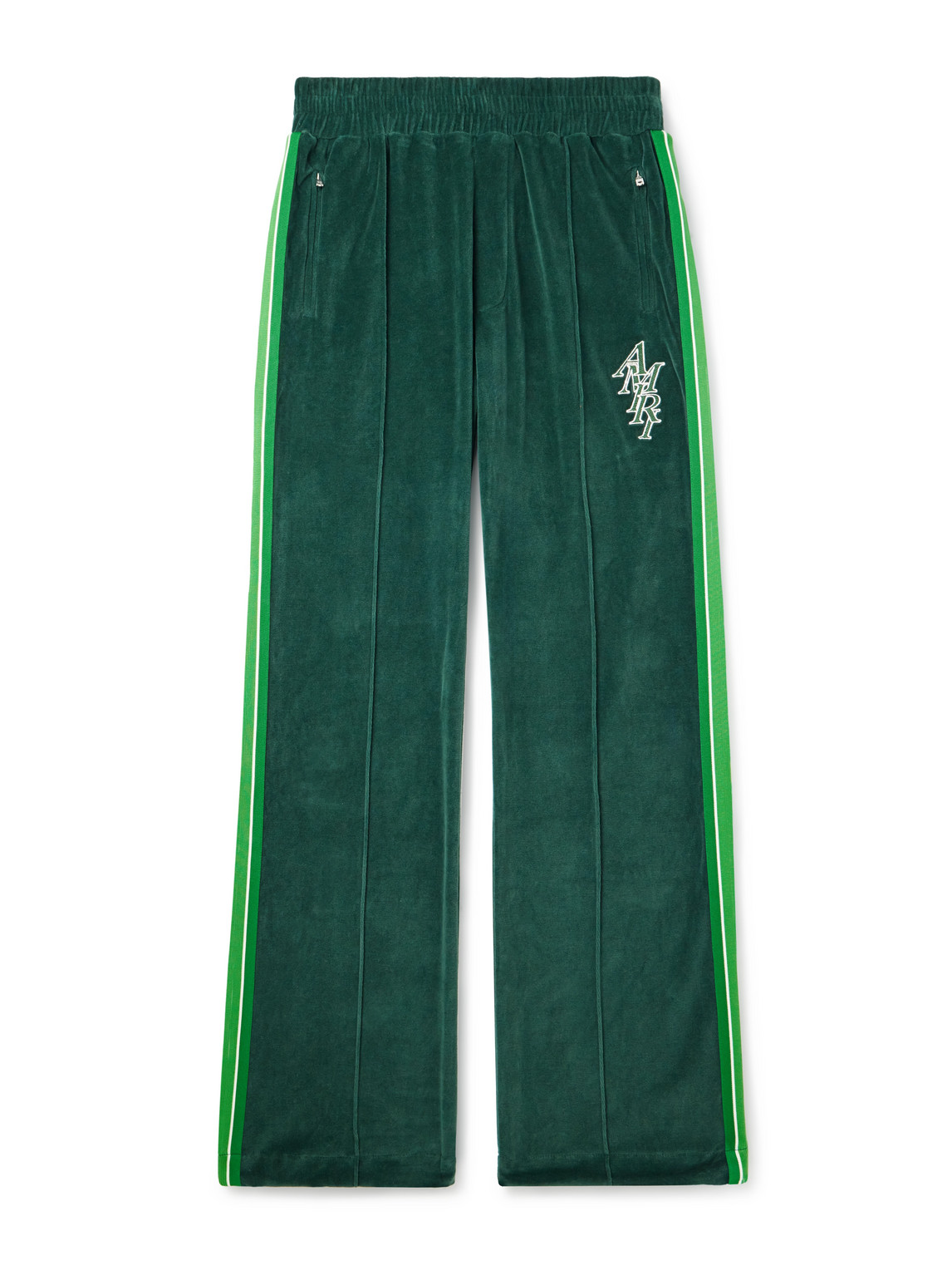 Amiri Straight-leg Logo-embroidered Striped Cotton-velour Track Pants In Green