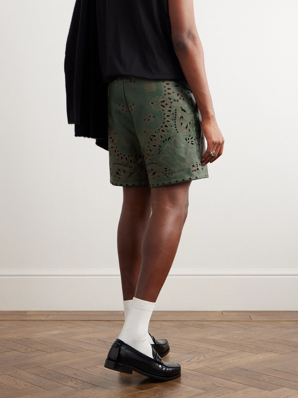 Shop Amiri Straight-leg Cutout Bandana-print Leather Shorts In Green