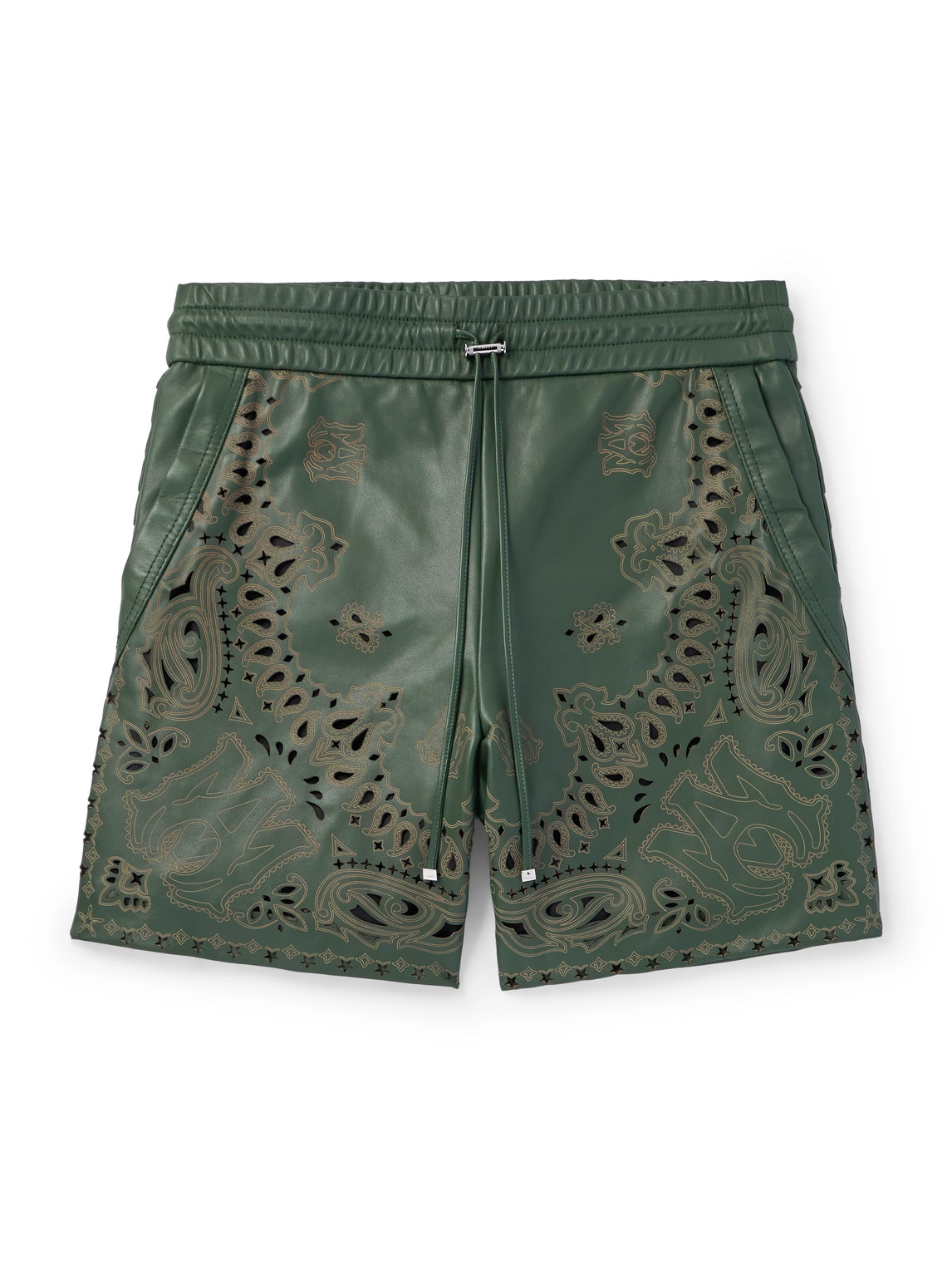 Shop Amiri Straight-leg Cutout Bandana-print Leather Shorts In Green
