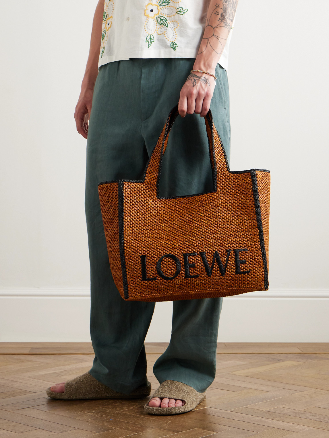 Shop Loewe Paula's Ibiza Logo-embroidered Raffia Tote Bag In Brown