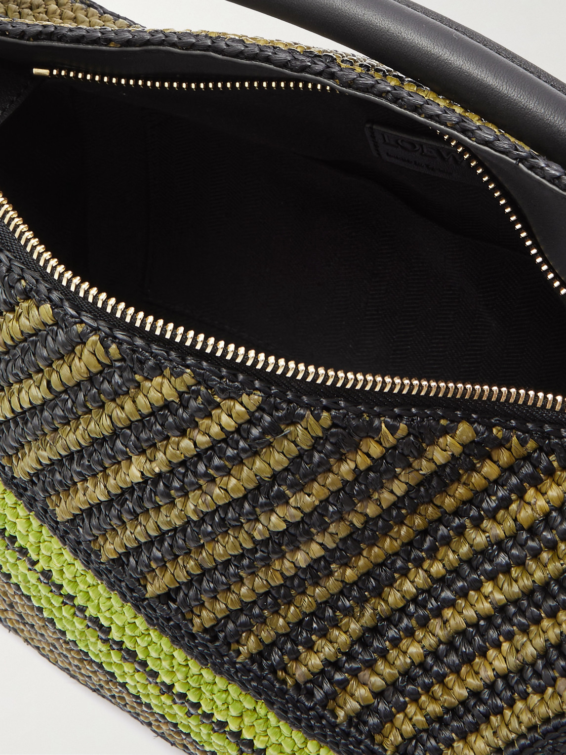 Shop Loewe Paula's Ibiza Puzzle Edge Small Leather-trimmed Striped Raffia Messenger Bag In Green