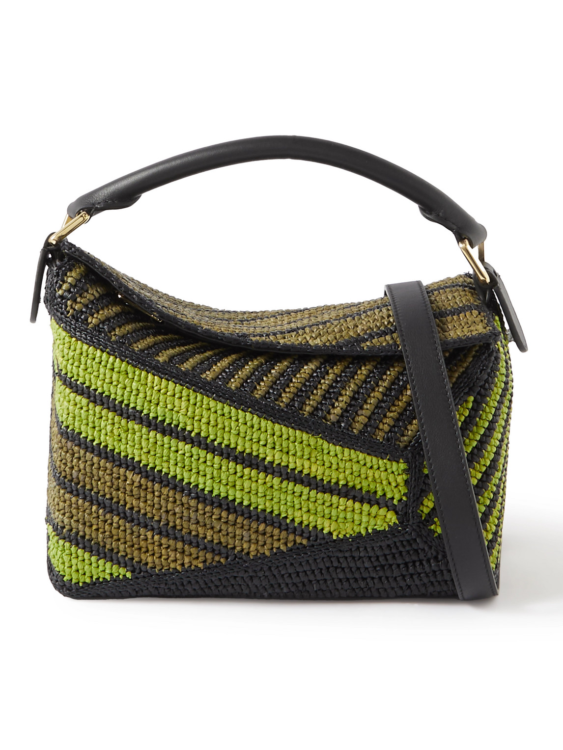 Loewe Puzzle Edge Small Leather-trimmed Striped Raffia Messenger Bag In Black