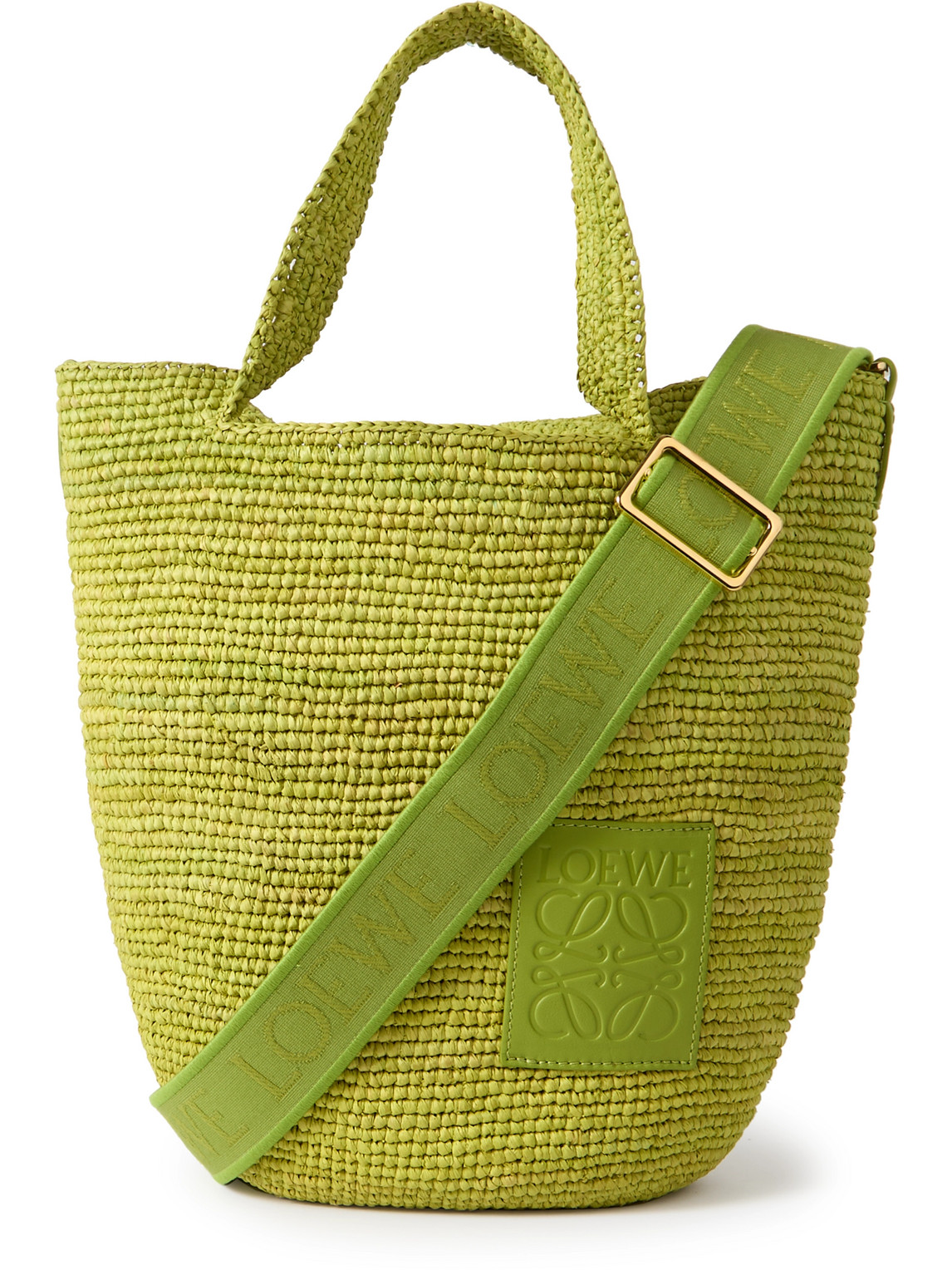 Loewe Paula's Ibiza Mini Logo-debossed Leather-trimmed Raffia Tote Bag In Green