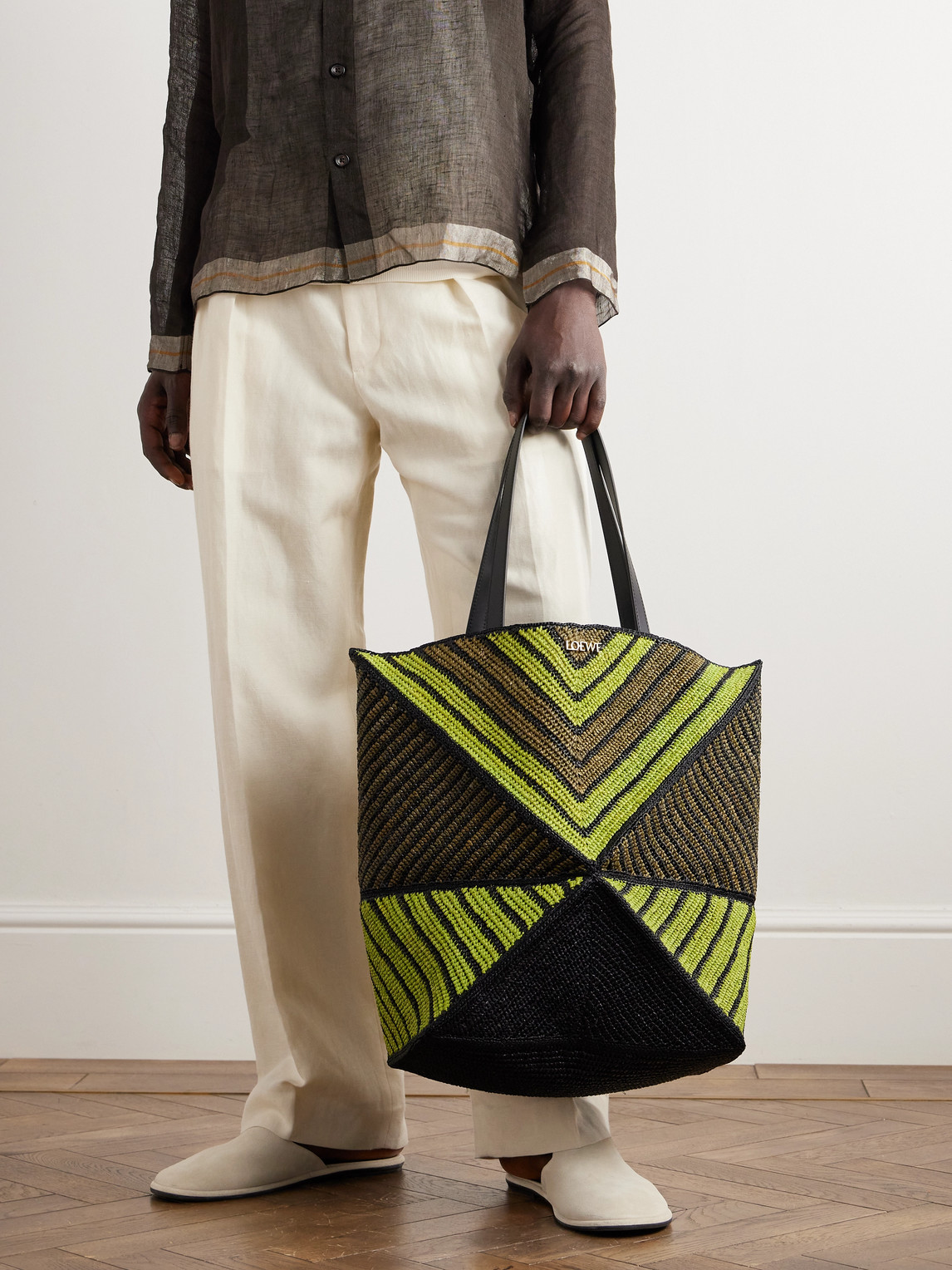 Shop Loewe Paula's Ibiza Puzzle Fold Large Leather-trimmed Striped Raffia Tote Bag In Green