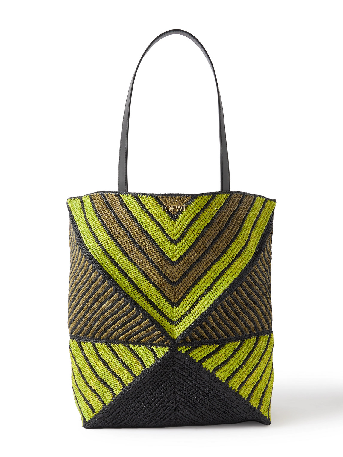 Loewe Puzzle Fold Large Leather-trimmed Striped Raffia Tote Bag In Green