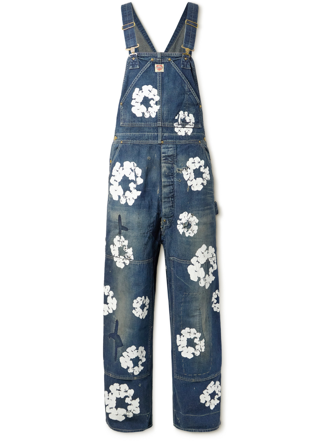 Saint Mxxxxxx Denim Tears Distressed Patchwork Floral-print Denim Overalls In Blue