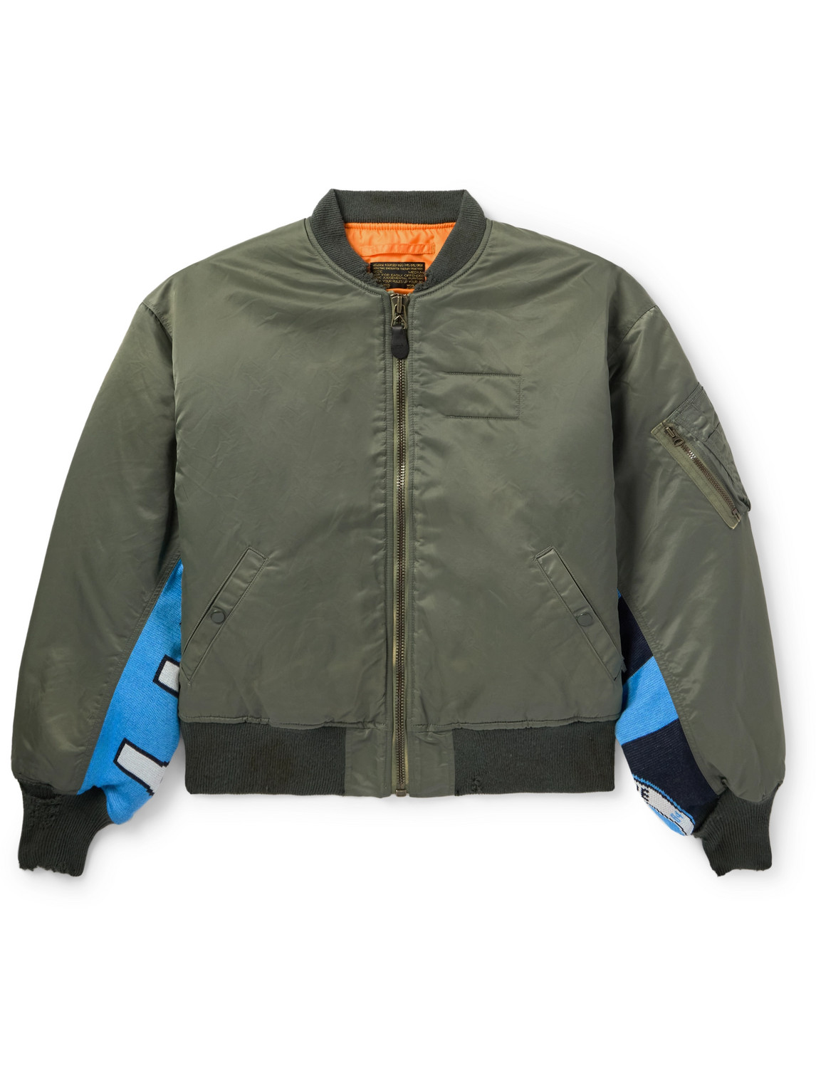 Distressed Padded Jacquard-Panelled Nylon Bomber Jacket