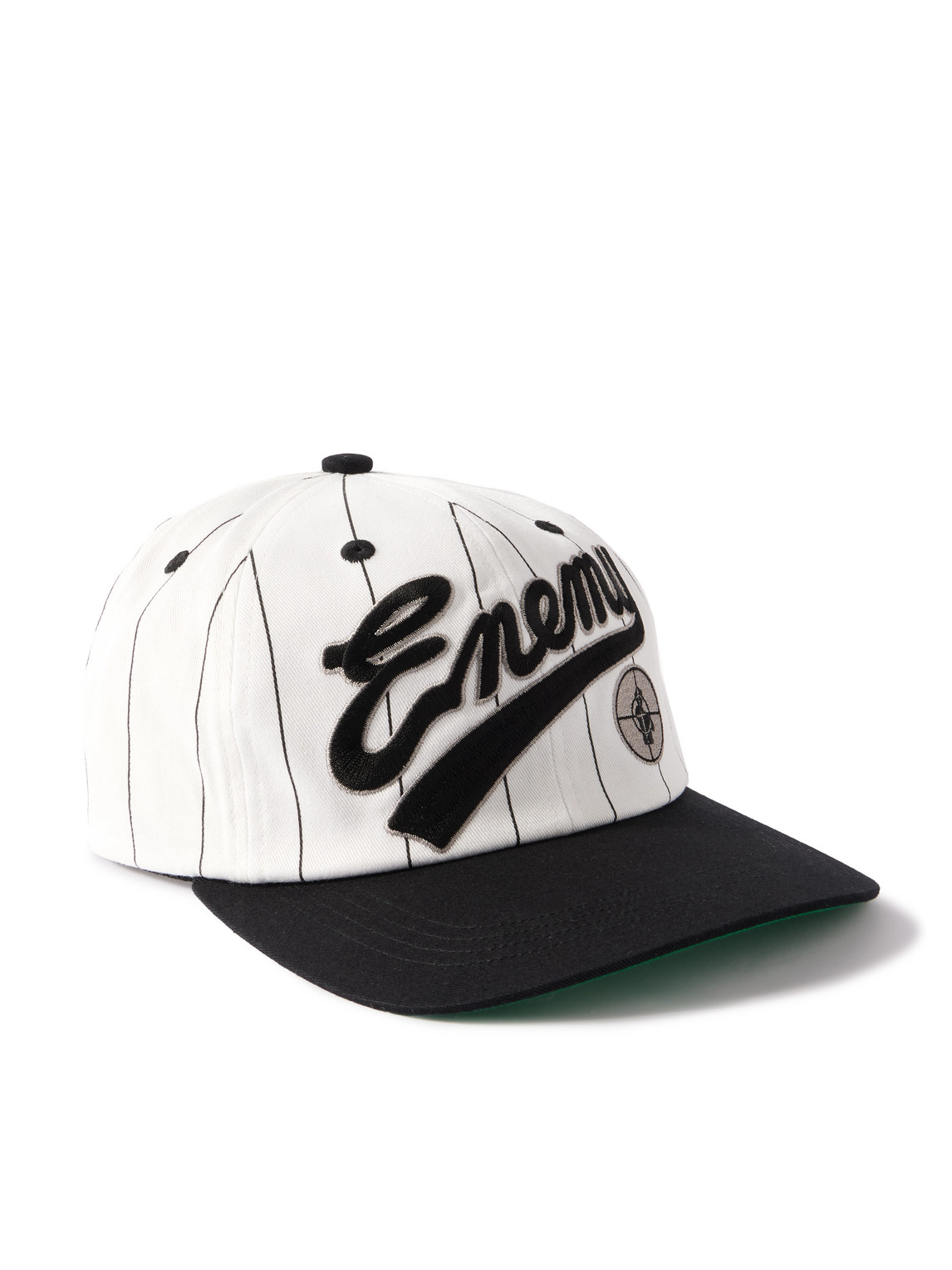 Saint Mxxxxxx Public Enemy Logo-appliquéd Striped Cotton-twill Baseball Cap In White