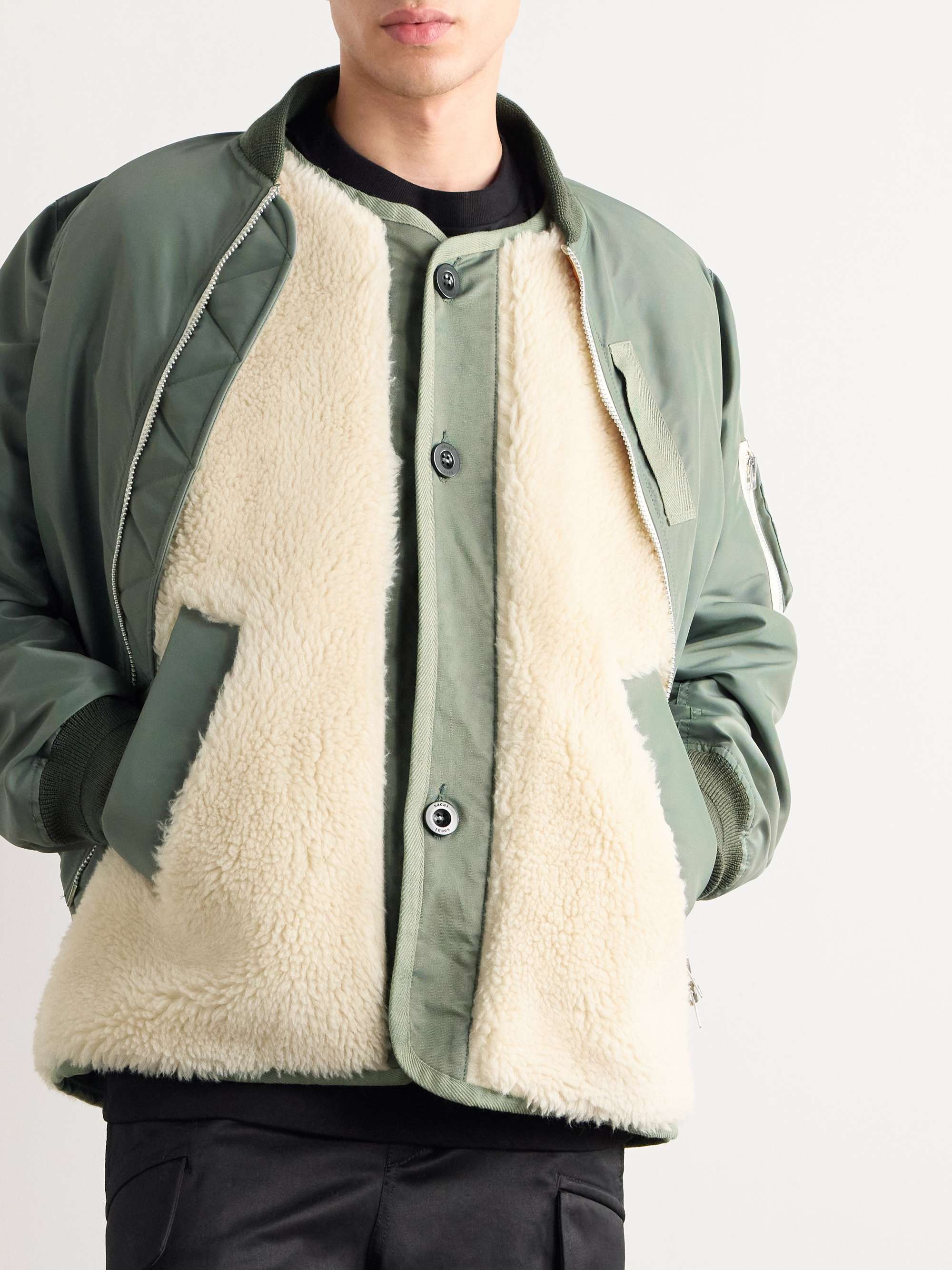 SACAI Layered Wool-Trimmed Twill and Fleece Bomber Jacket SACAI Layered Wool-Trimmed Twill and Fleece Bomber Jacket