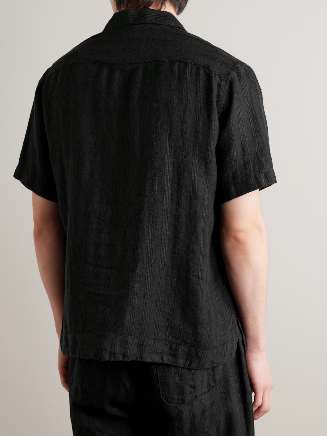 Shop Oliver Spencer Camp-collar Embroidered Linen Shirt In Black