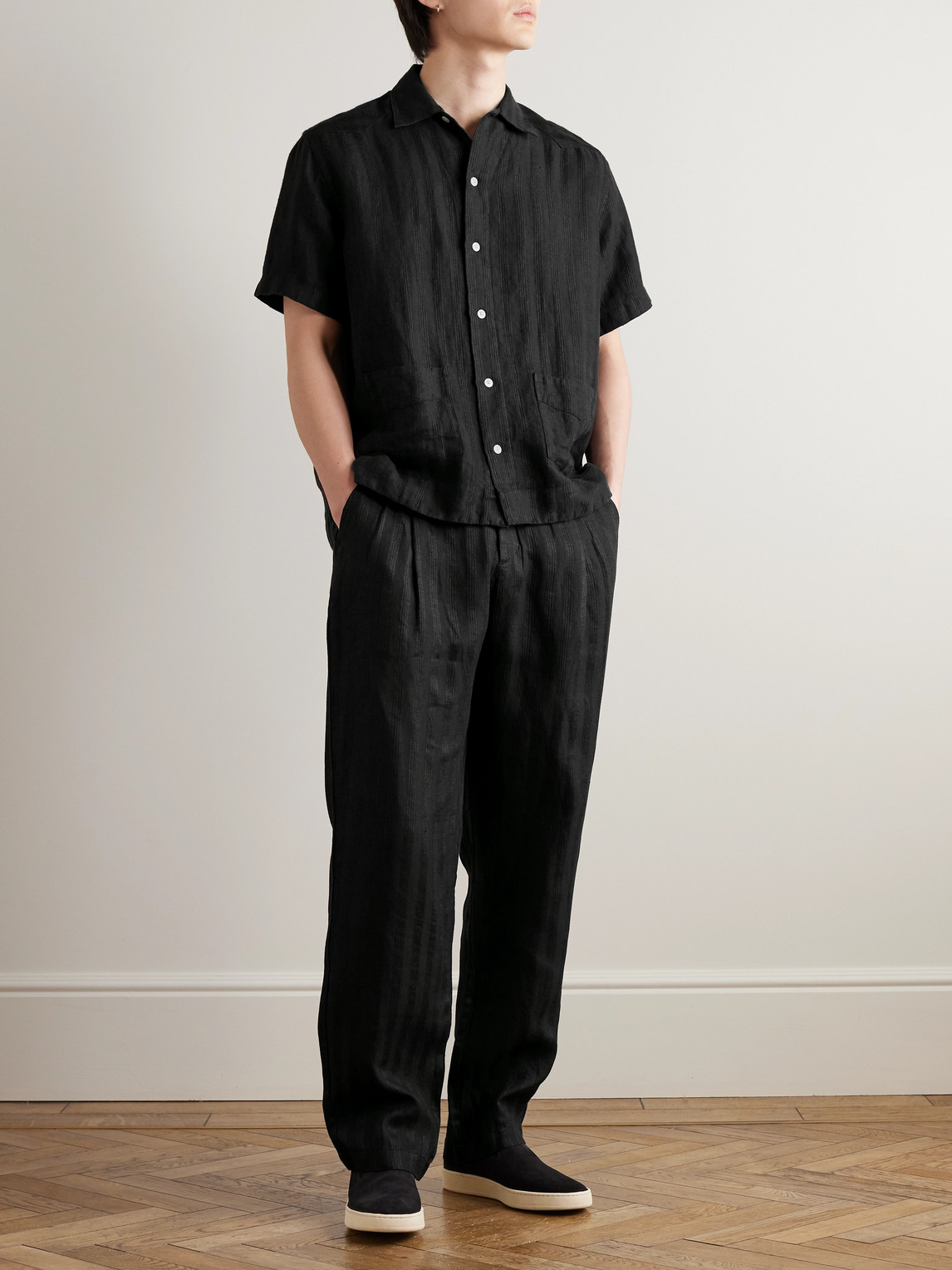 Shop Oliver Spencer Camp-collar Embroidered Linen Shirt In Black