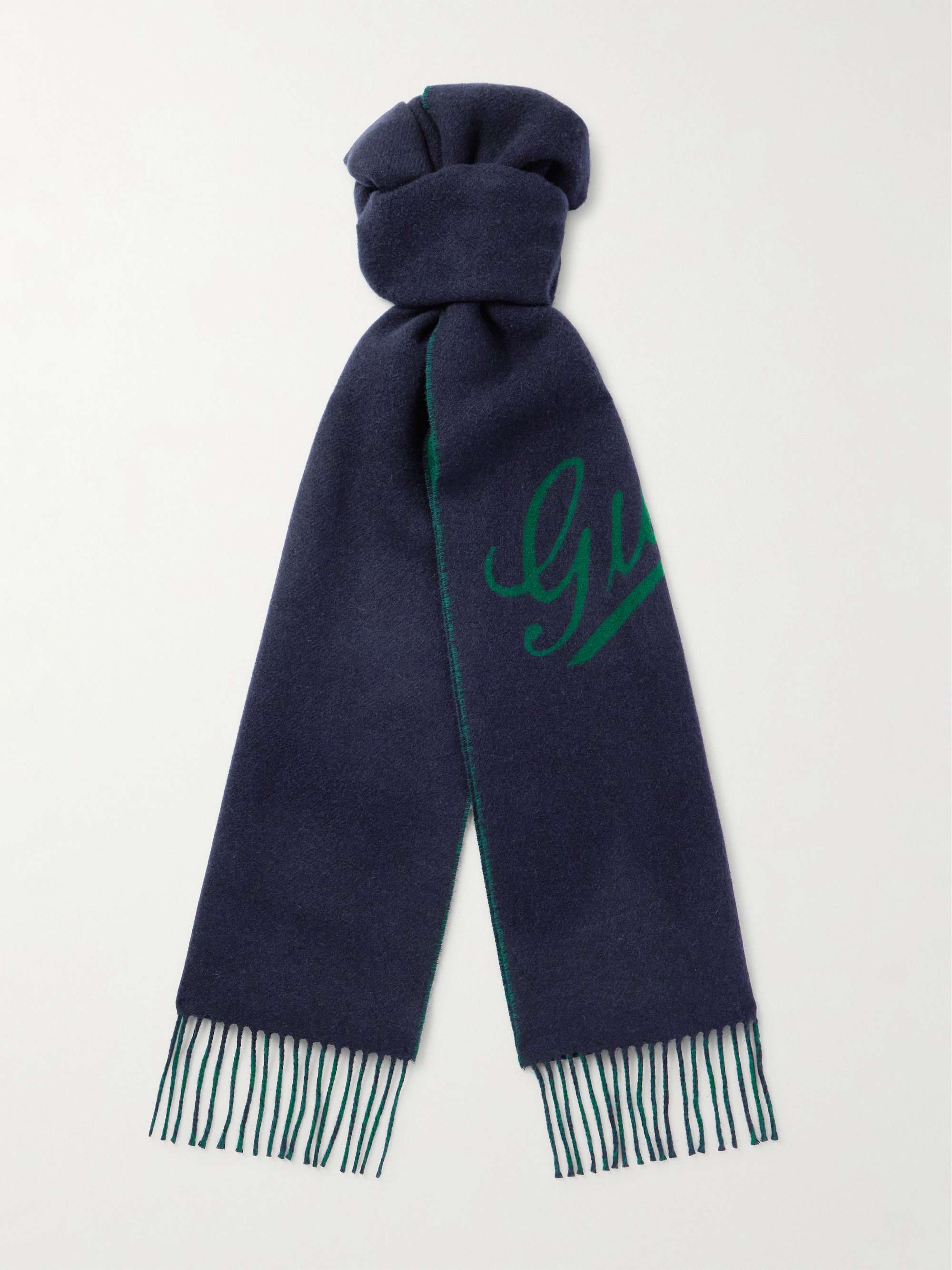 GUCCI ウール＆カシミヤ混 マフラー ロゴジャカード＆フリンジ