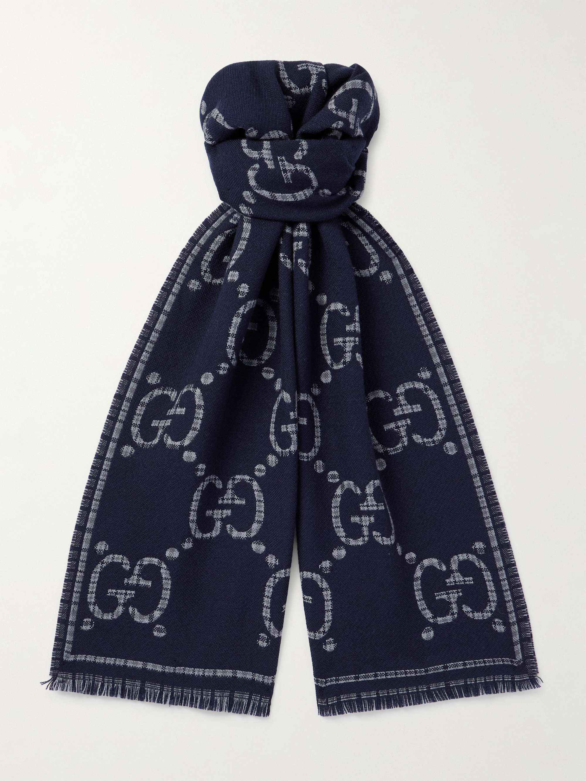 定番 GUCCI ロゴジャカード＆フリンジ マフラー ウール＆カシミヤ混 小物