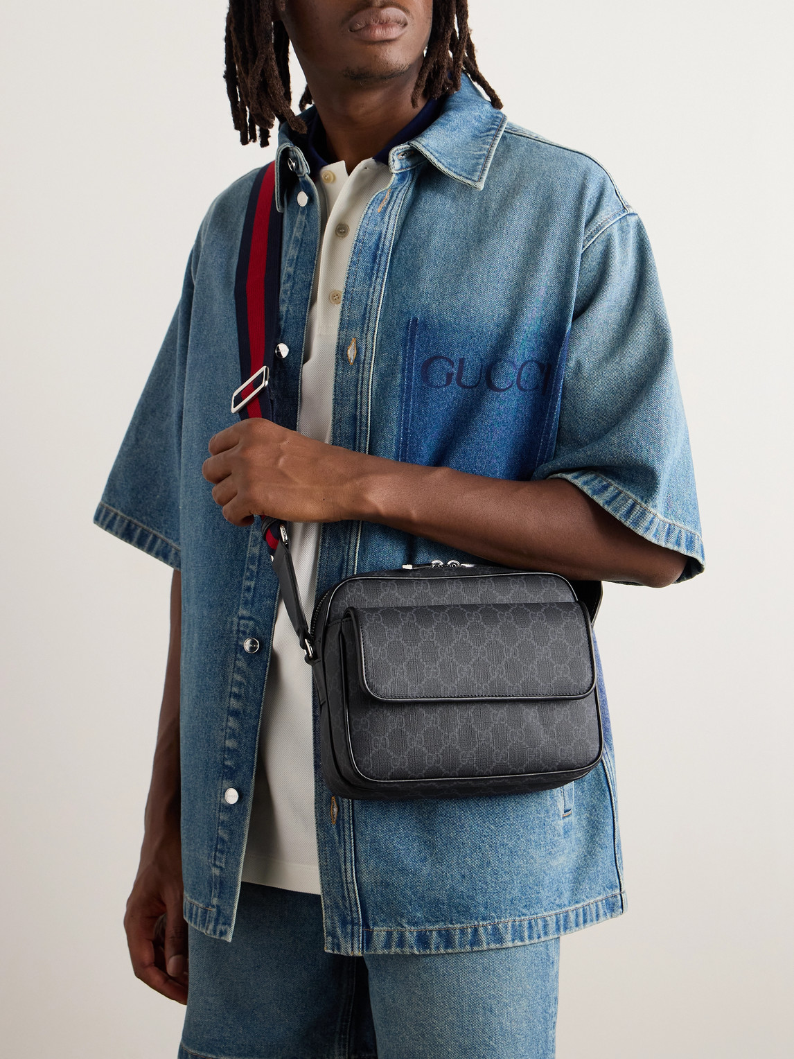 Small Leather-Trimmed Monogrammed Coated-Canvas Messenger Bag — 2