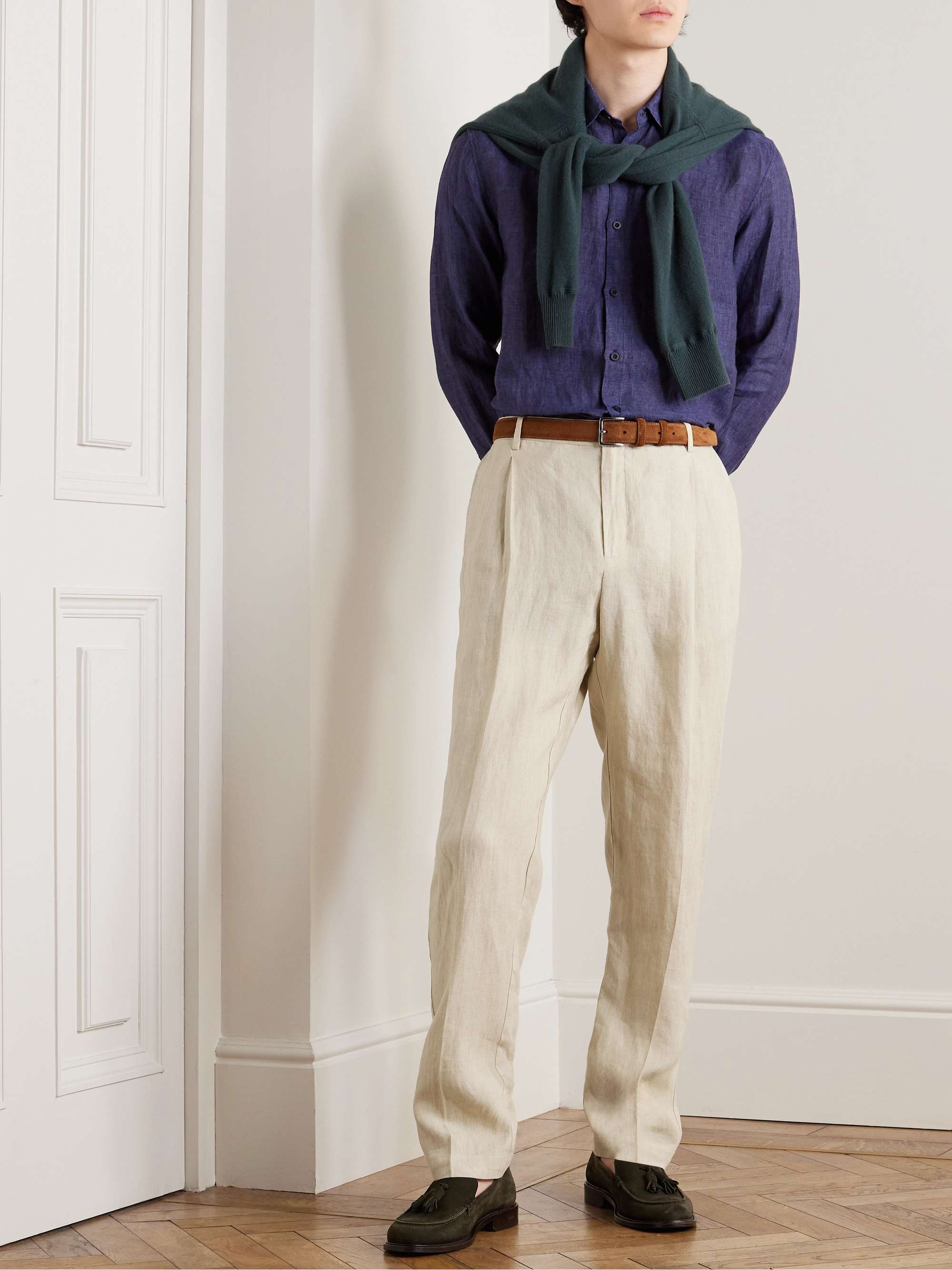 SUNSPEL Straight-Leg Pleated Linen Suit Trousers