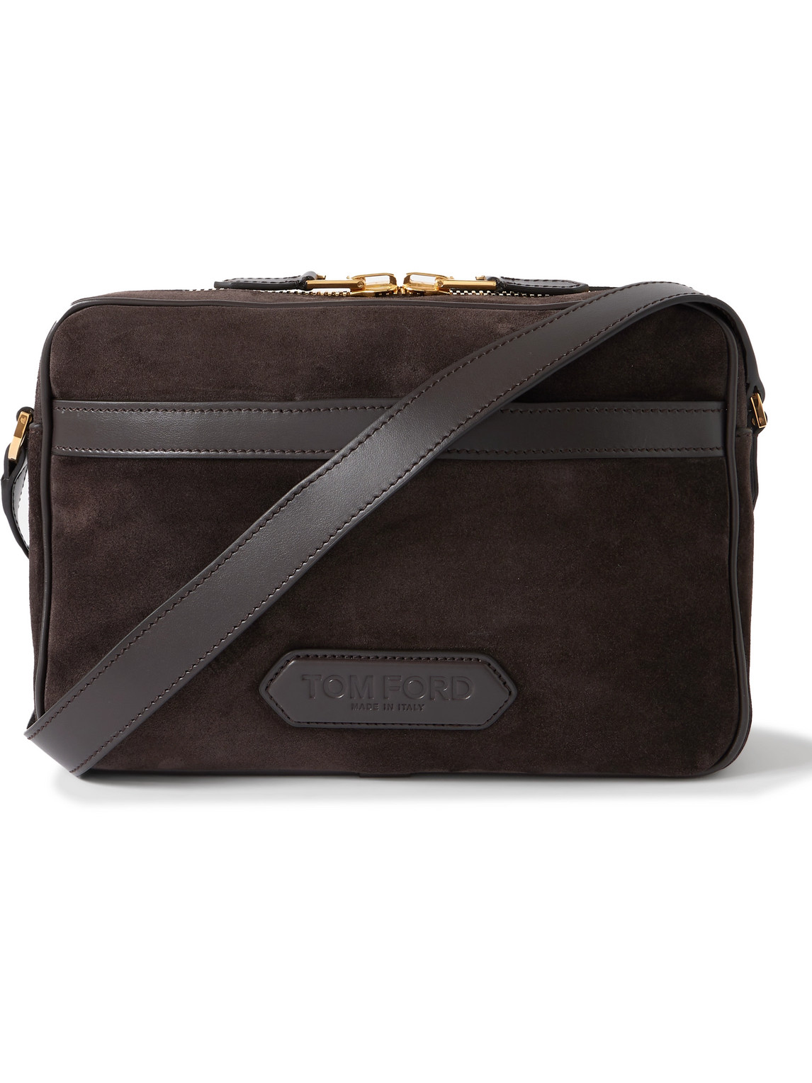 Tom Ford Logo-embossed Leather-trimmed Suede Messenger Bag In Brown