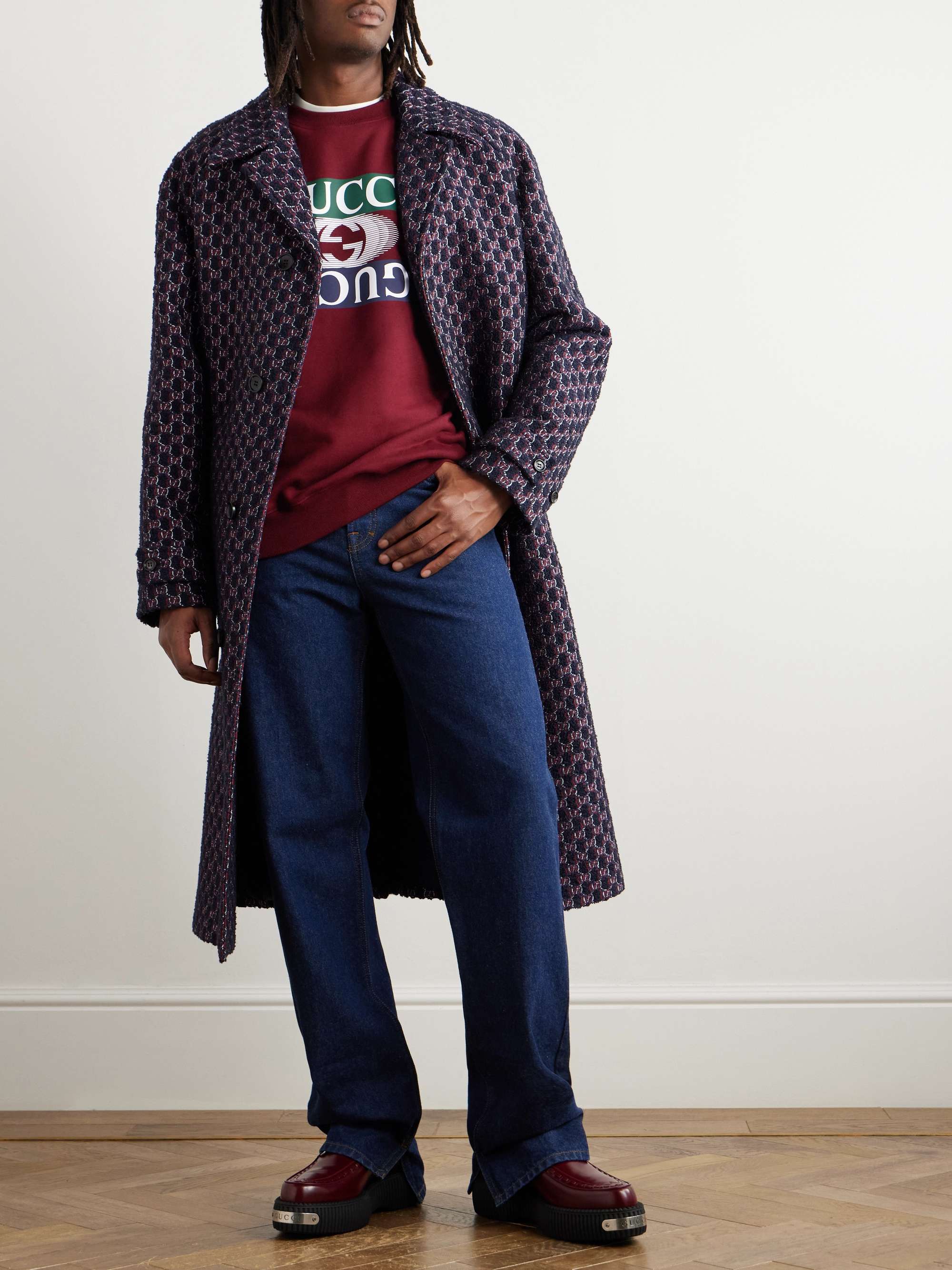 Navy Belted Logo Embroidered Wool Blend Boucle Coat GUCCI MR PORTER